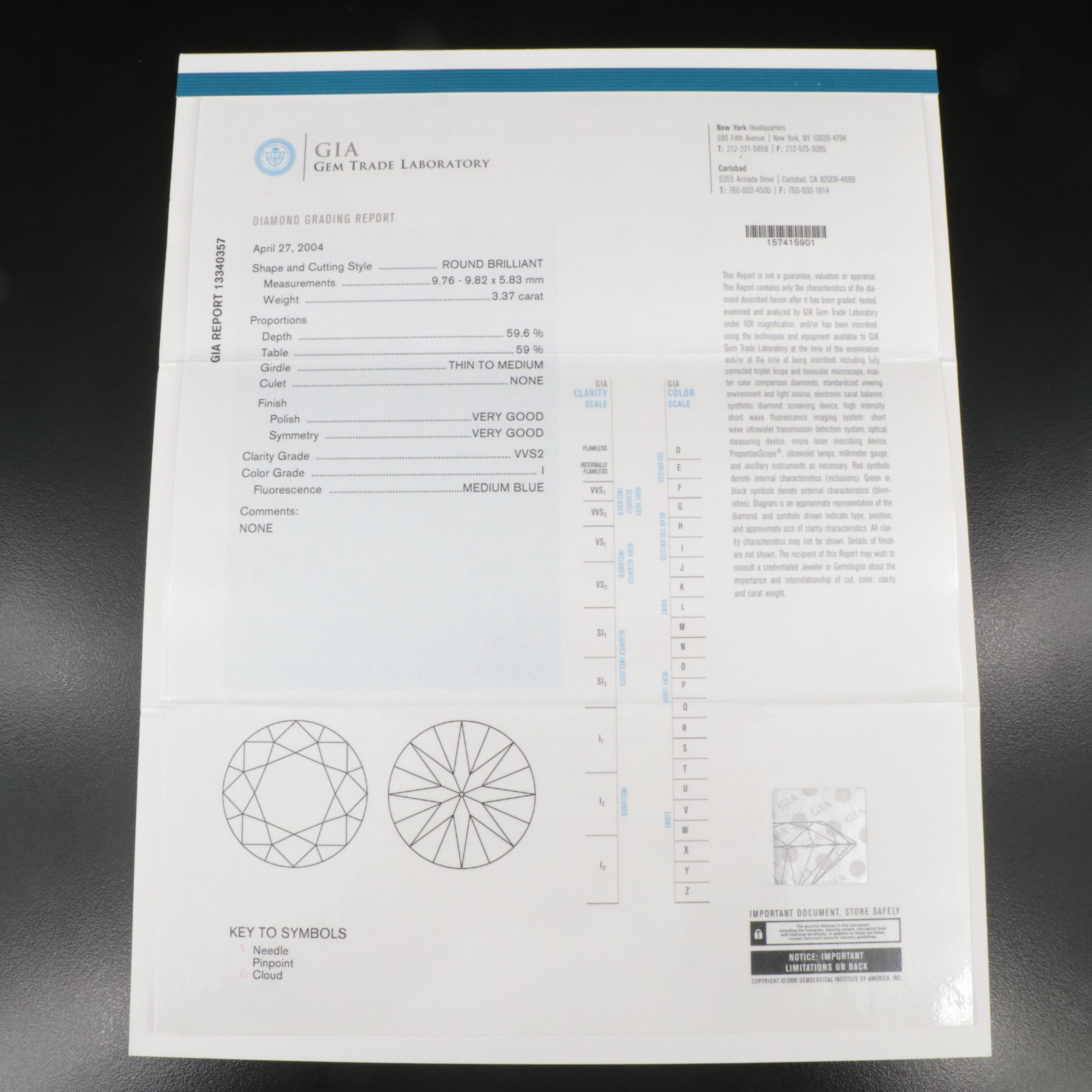 Tiffany & Co. Platinum 3.37 CT Diamond Solitaire Ring with GIA and Tiffany Certs