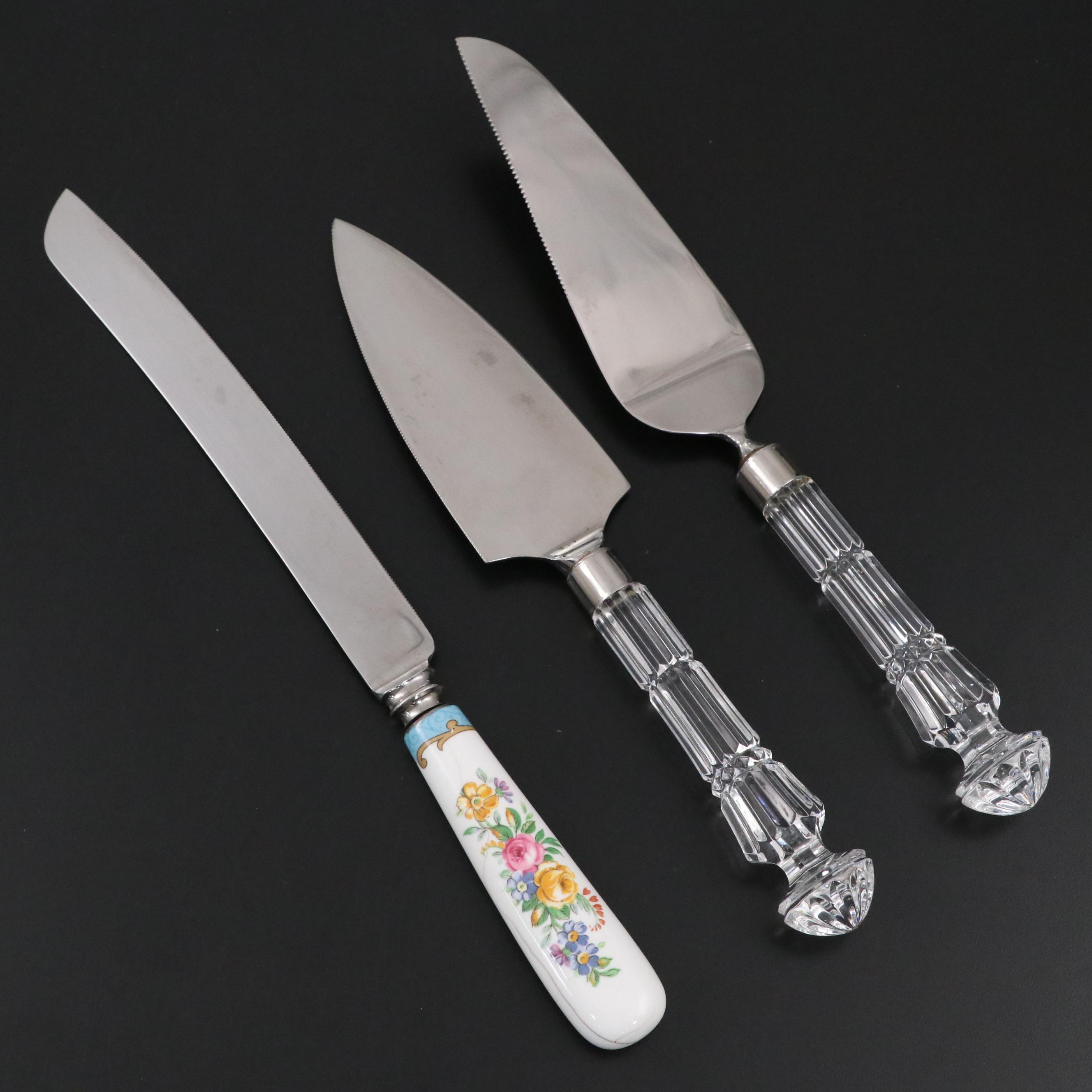 Waterford Crystal and Stainless Steel Cake Servers with Porcelain Handle Knife