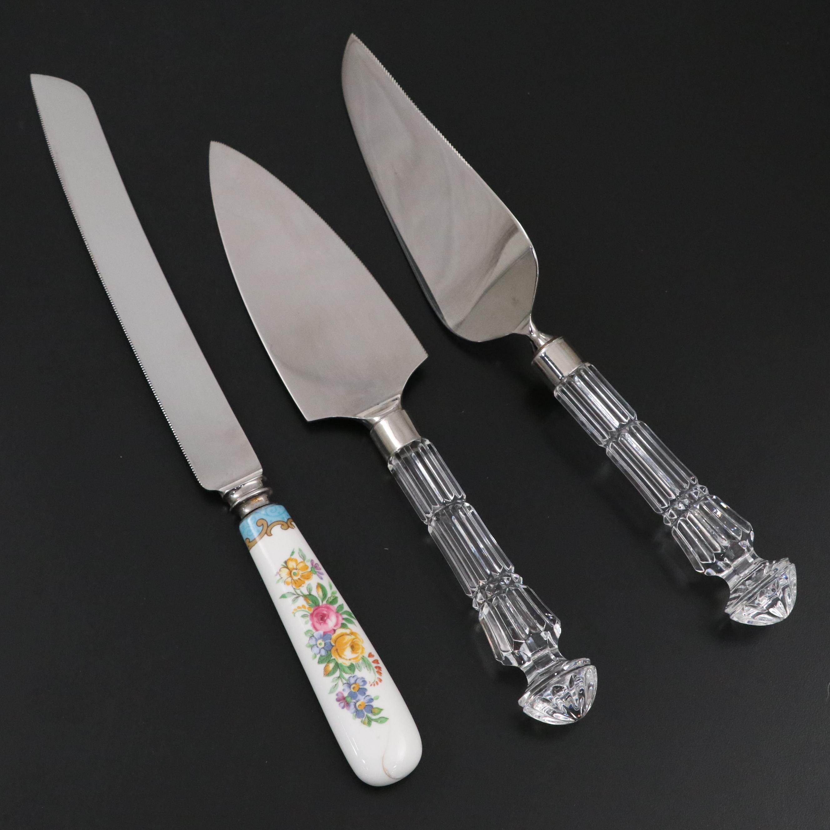 Waterford Crystal and Stainless Steel Cake Servers with Porcelain Handle Knife