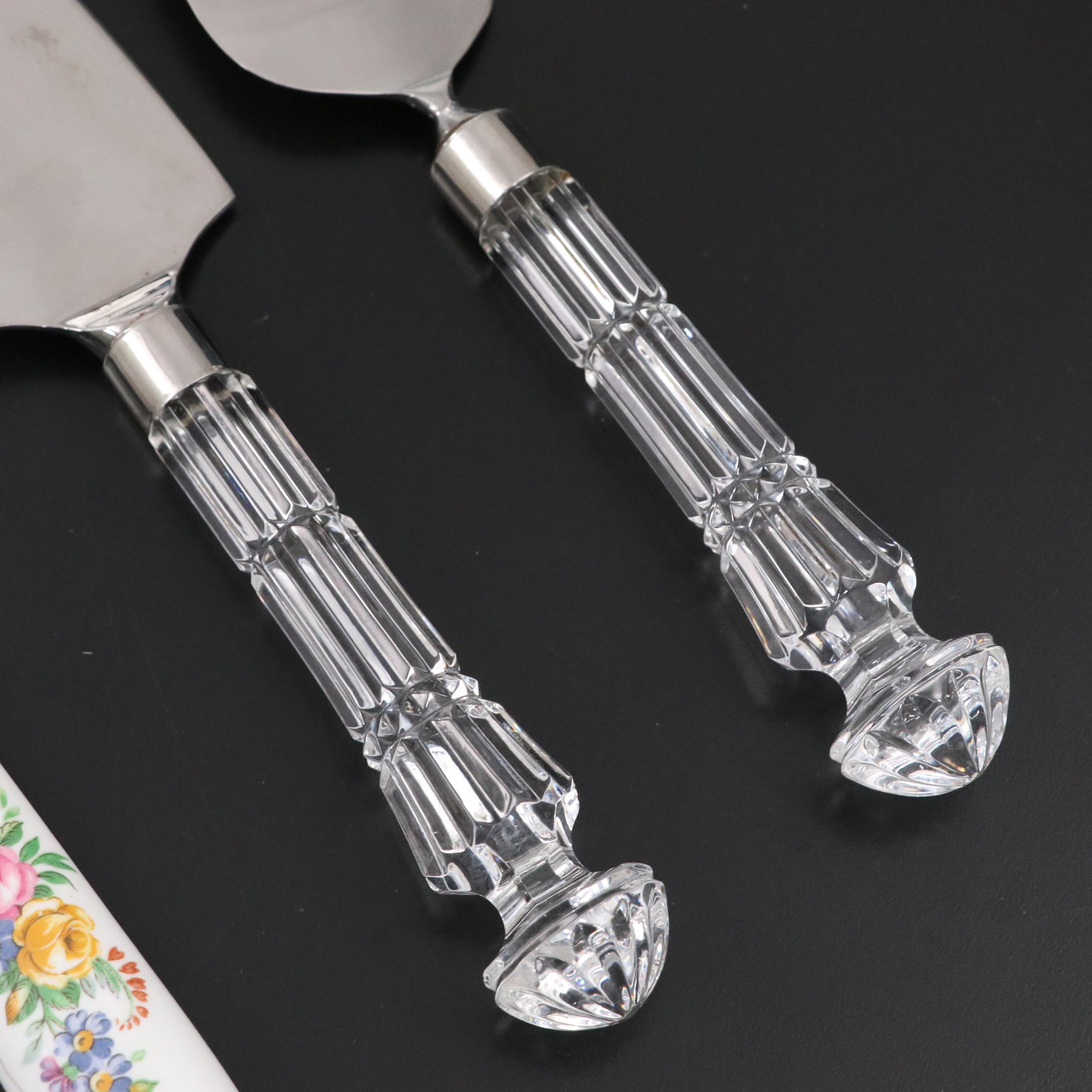Waterford Crystal and Stainless Steel Cake Servers with Porcelain Handle Knife