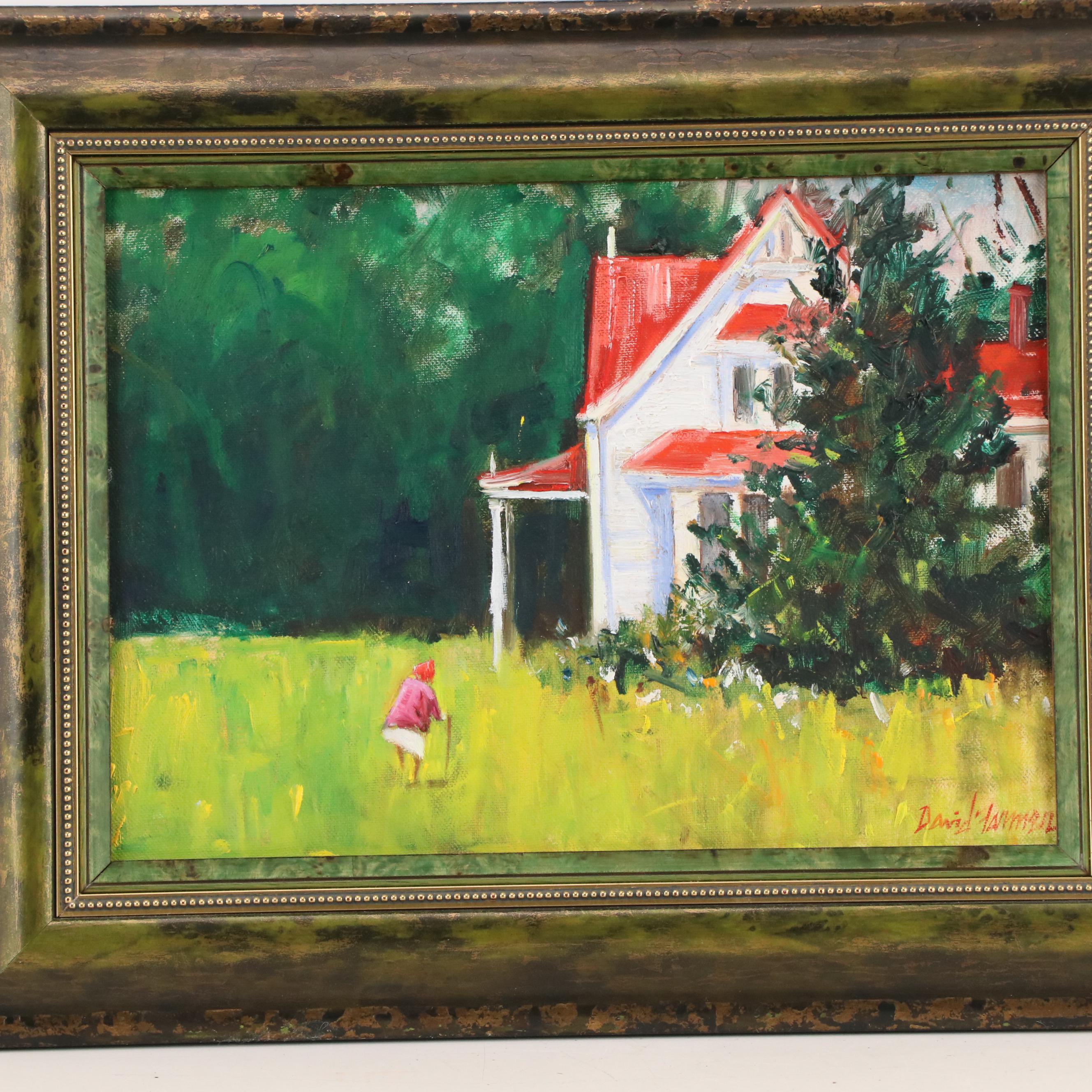 David Farmer Acrylic Painting of Woman in Farmhouse Landscape