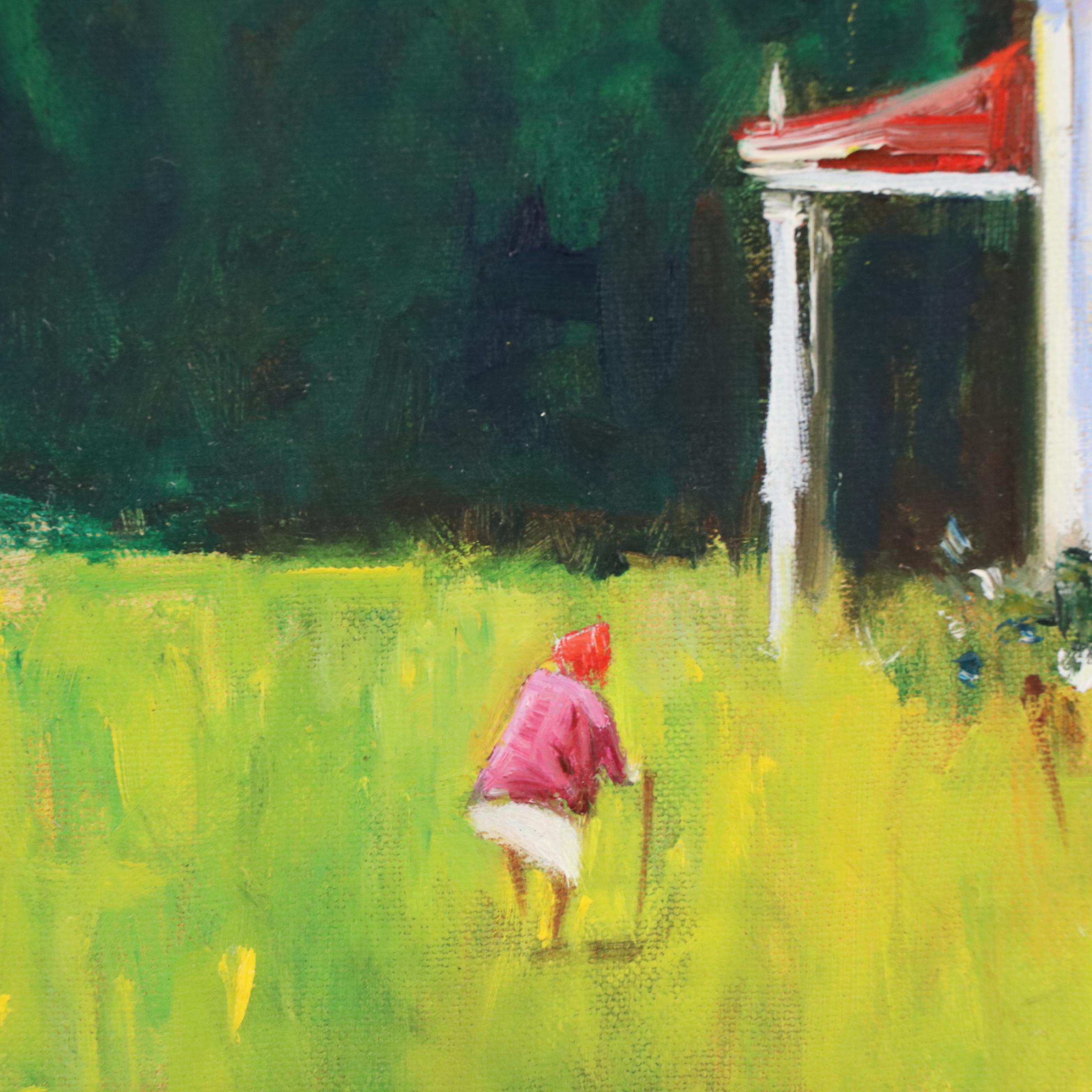 David Farmer Acrylic Painting of Woman in Farmhouse Landscape