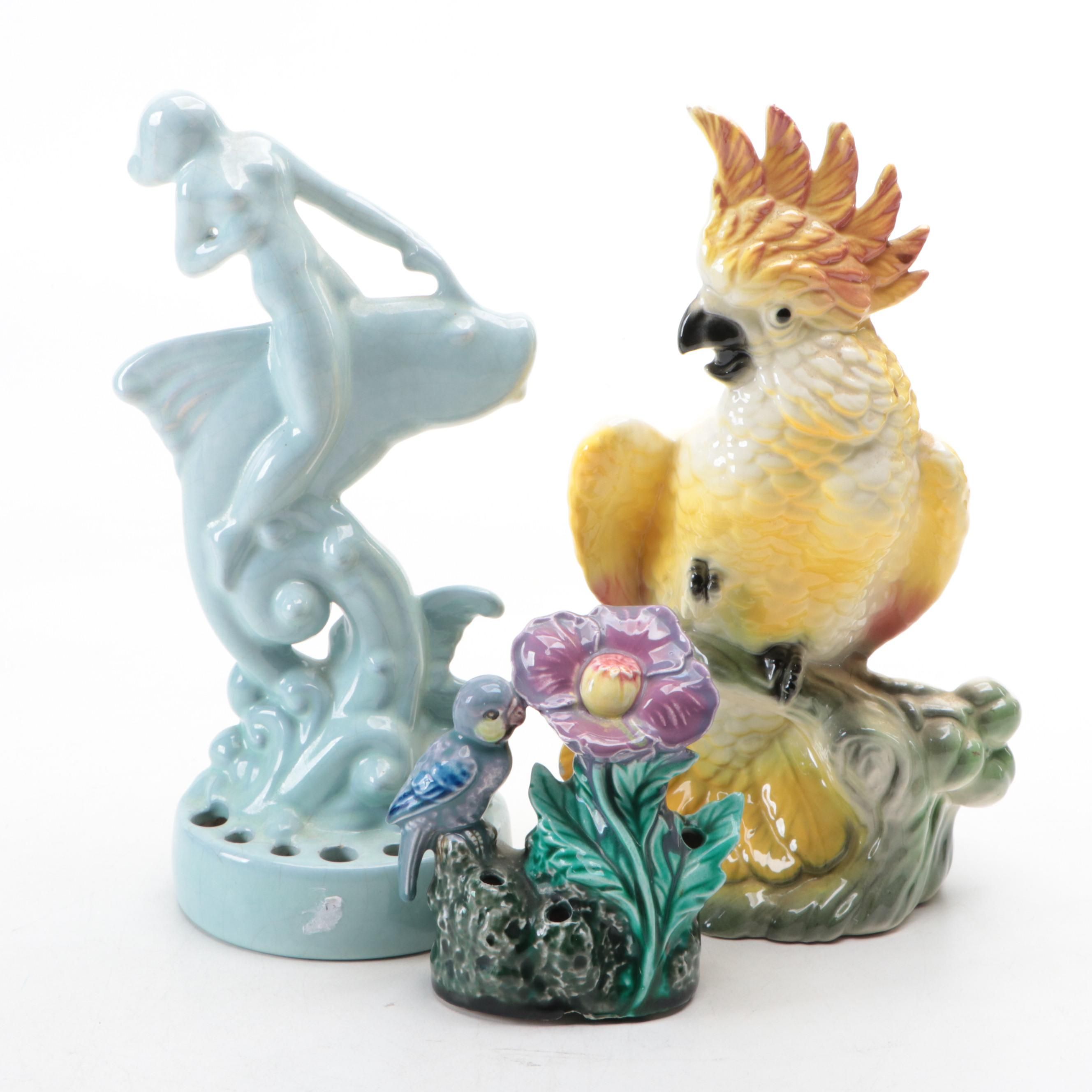 Glazed Ceramic Tropical Bird Planter with Ceramic Flower Frog and More