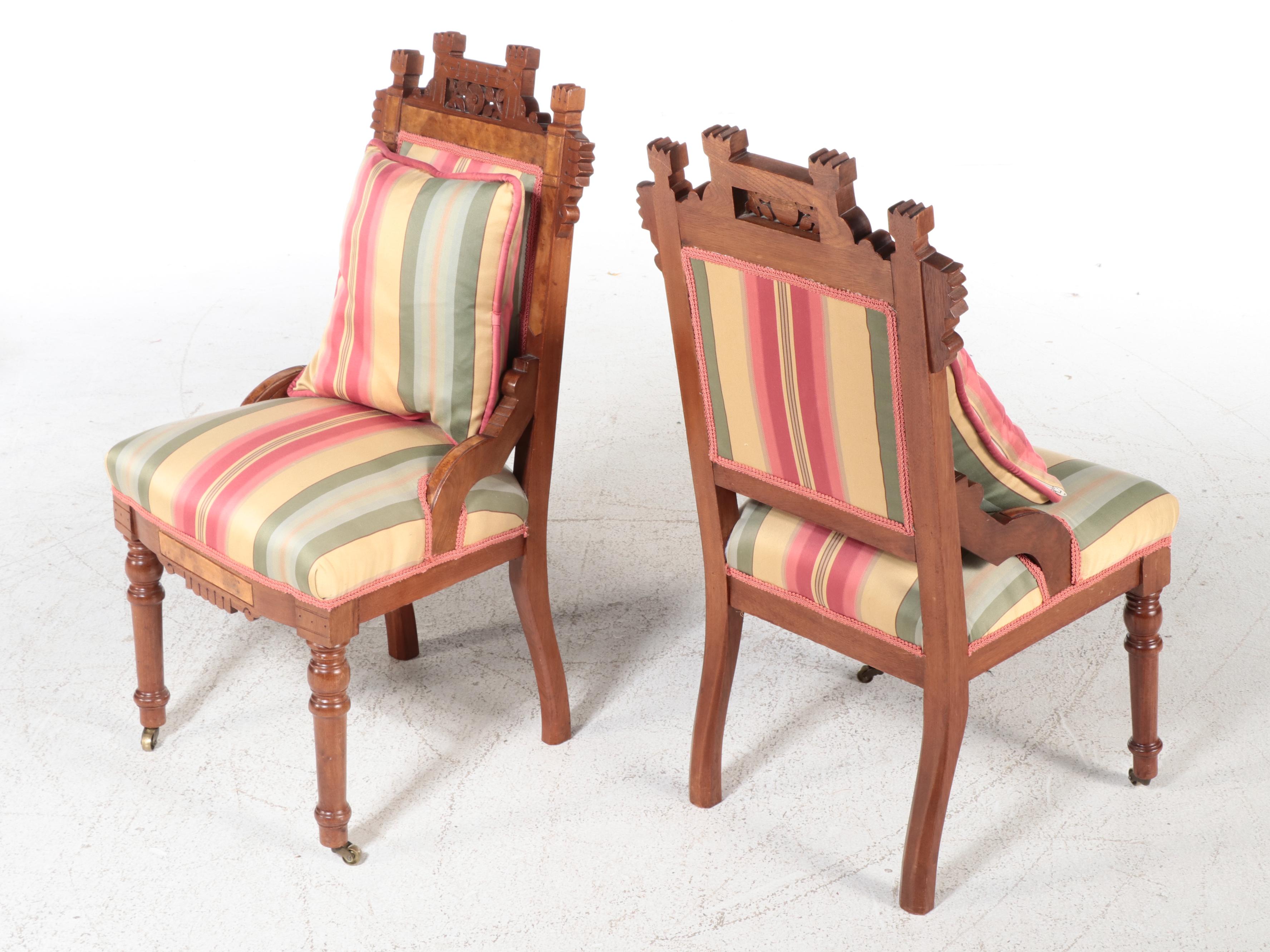Set of Four Victorian Eastlake Style Walnut Chairs and Metal Glass Top Table