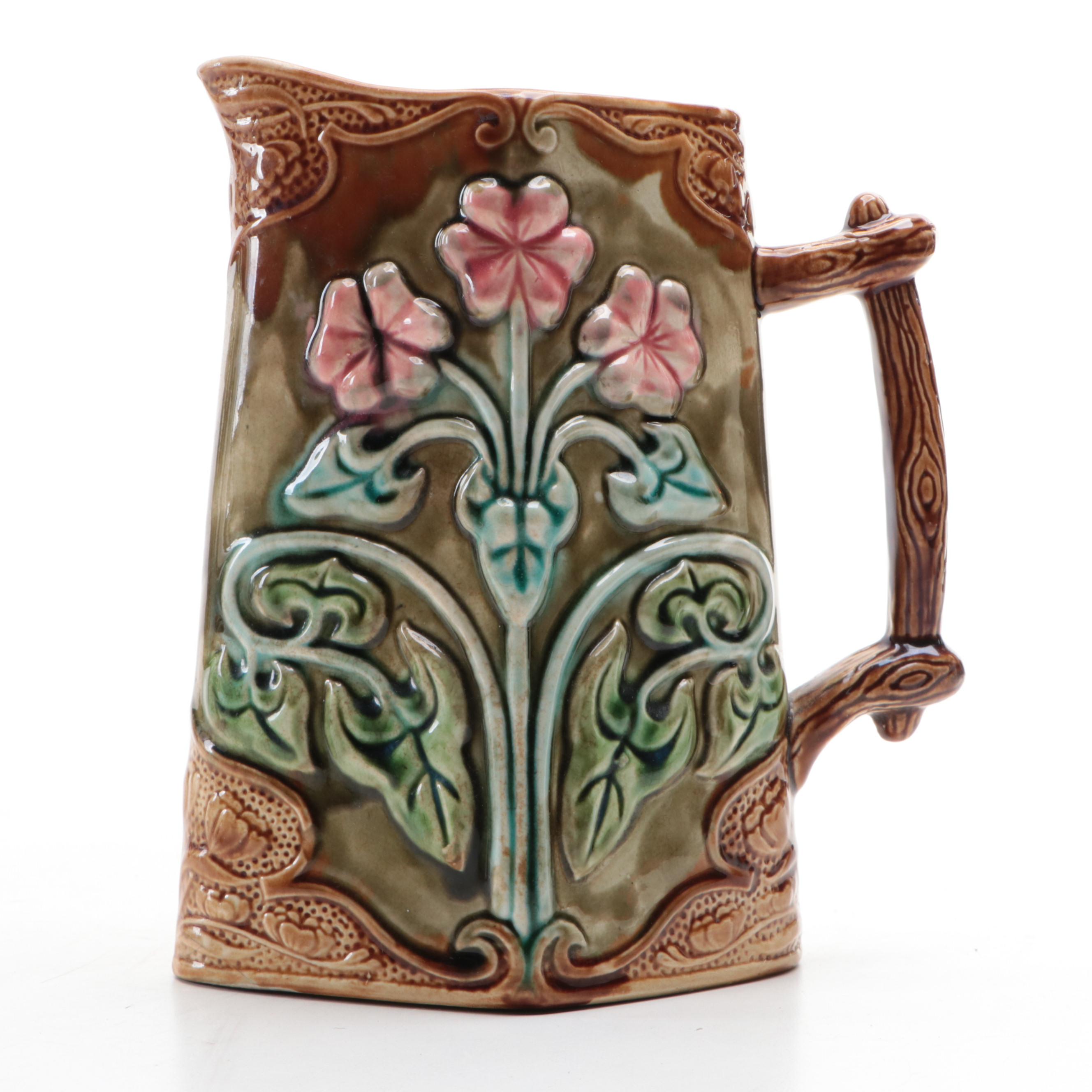 French Majolica Frie Onnaing Geranium Pitcher with Faux Bois Candlestick
