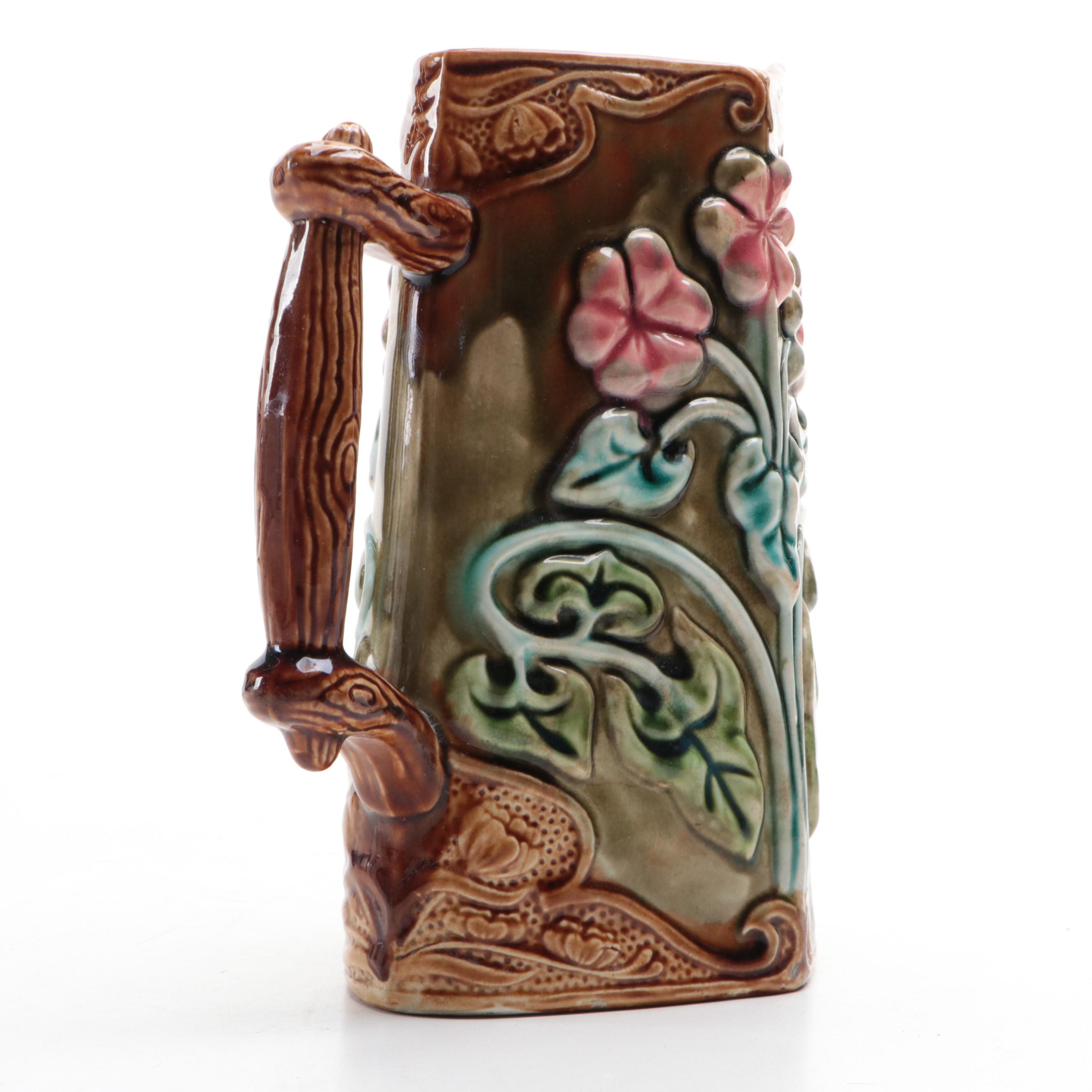 French Majolica Frie Onnaing Geranium Pitcher with Faux Bois Candlestick