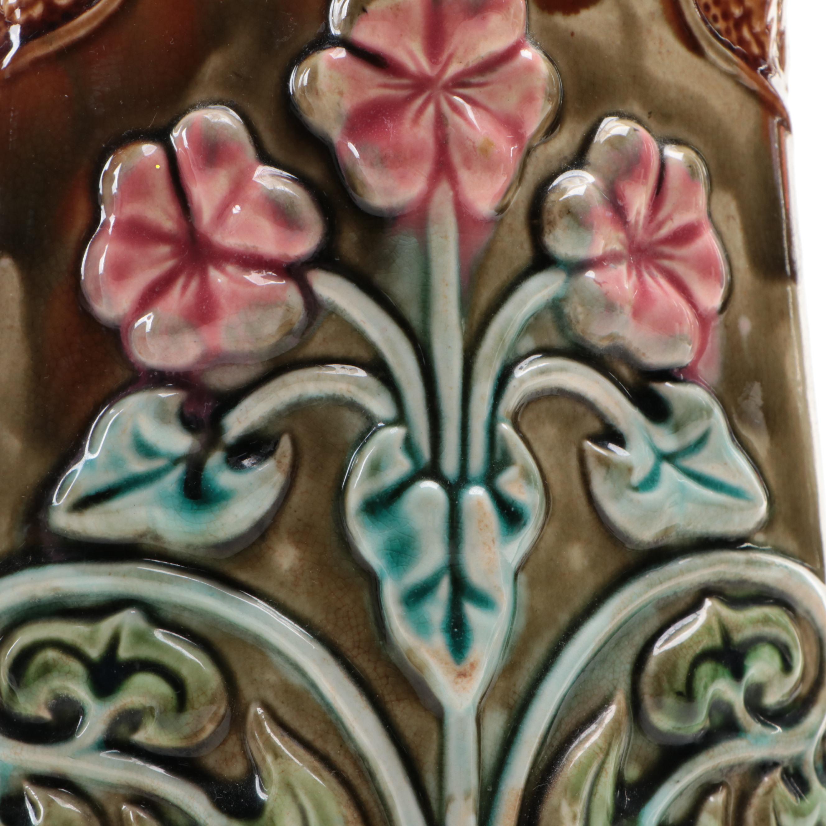 French Majolica Frie Onnaing Geranium Pitcher with Faux Bois Candlestick