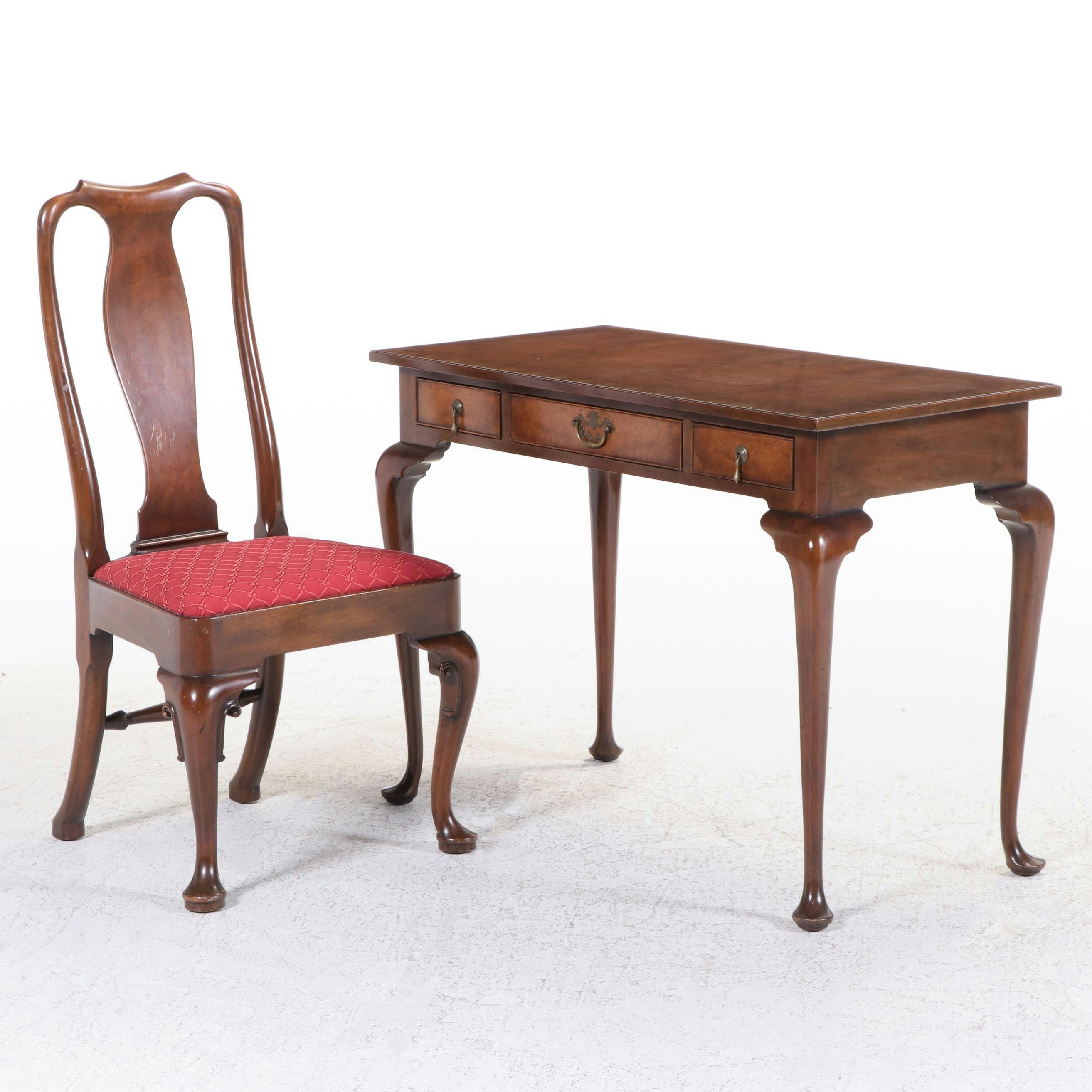 Kittinger Queen Anne Burled Walnut Writing Desk with Chair, Mid-20th Century