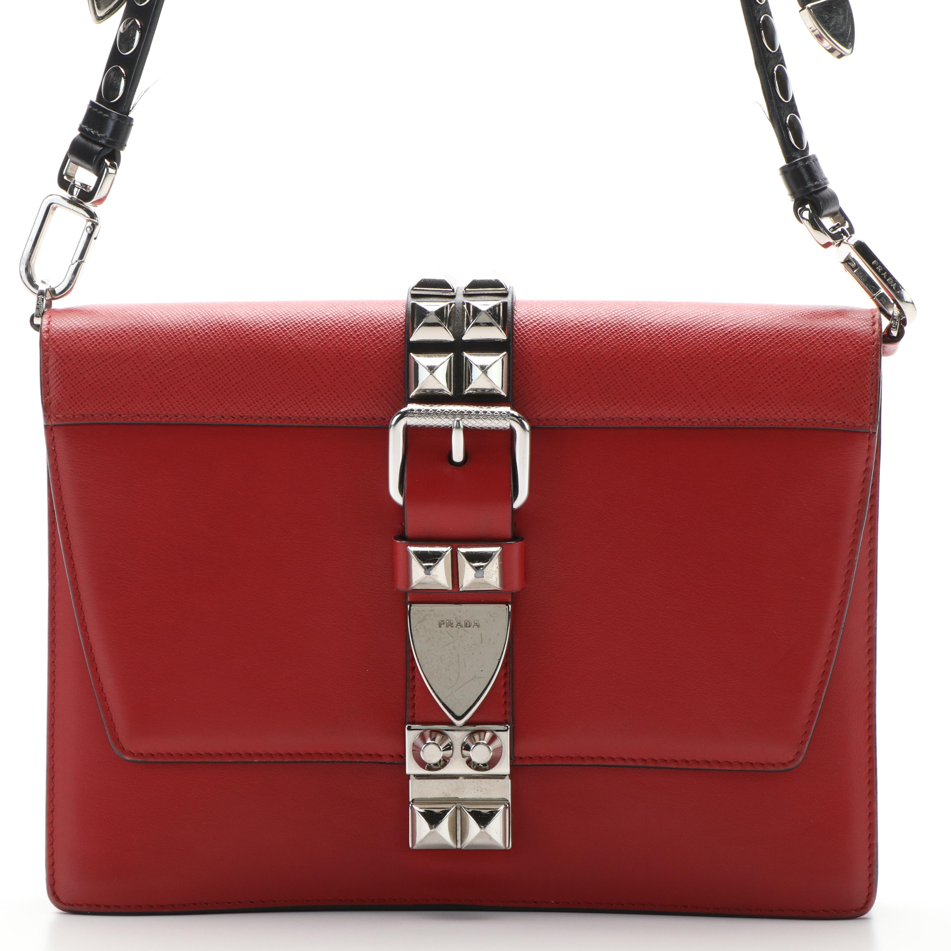 Prada Elektra Studded Crossbody Bag in Red Calf and Saffiano Leather