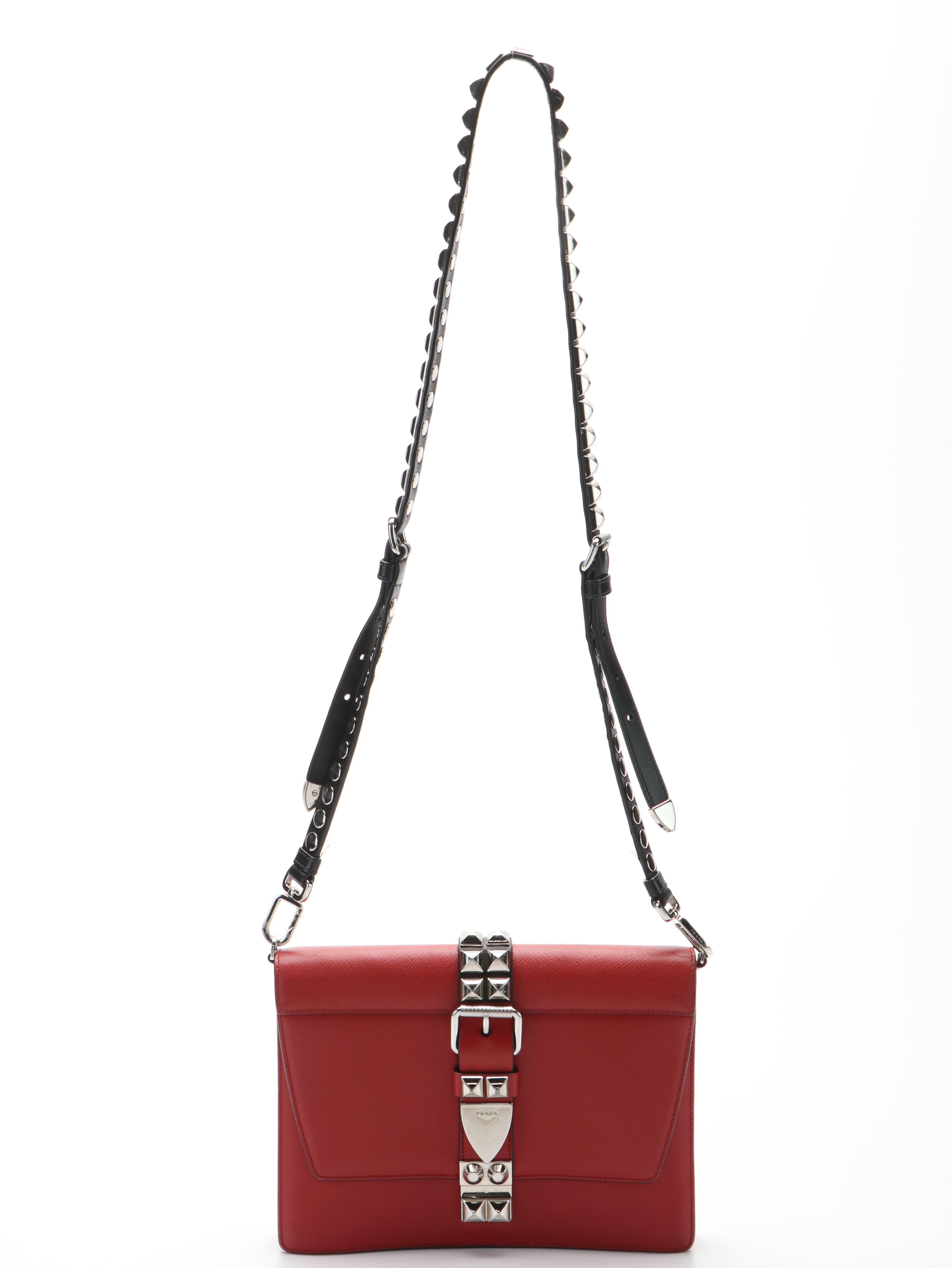 Prada Elektra Studded Crossbody Bag in Red Calf and Saffiano Leather