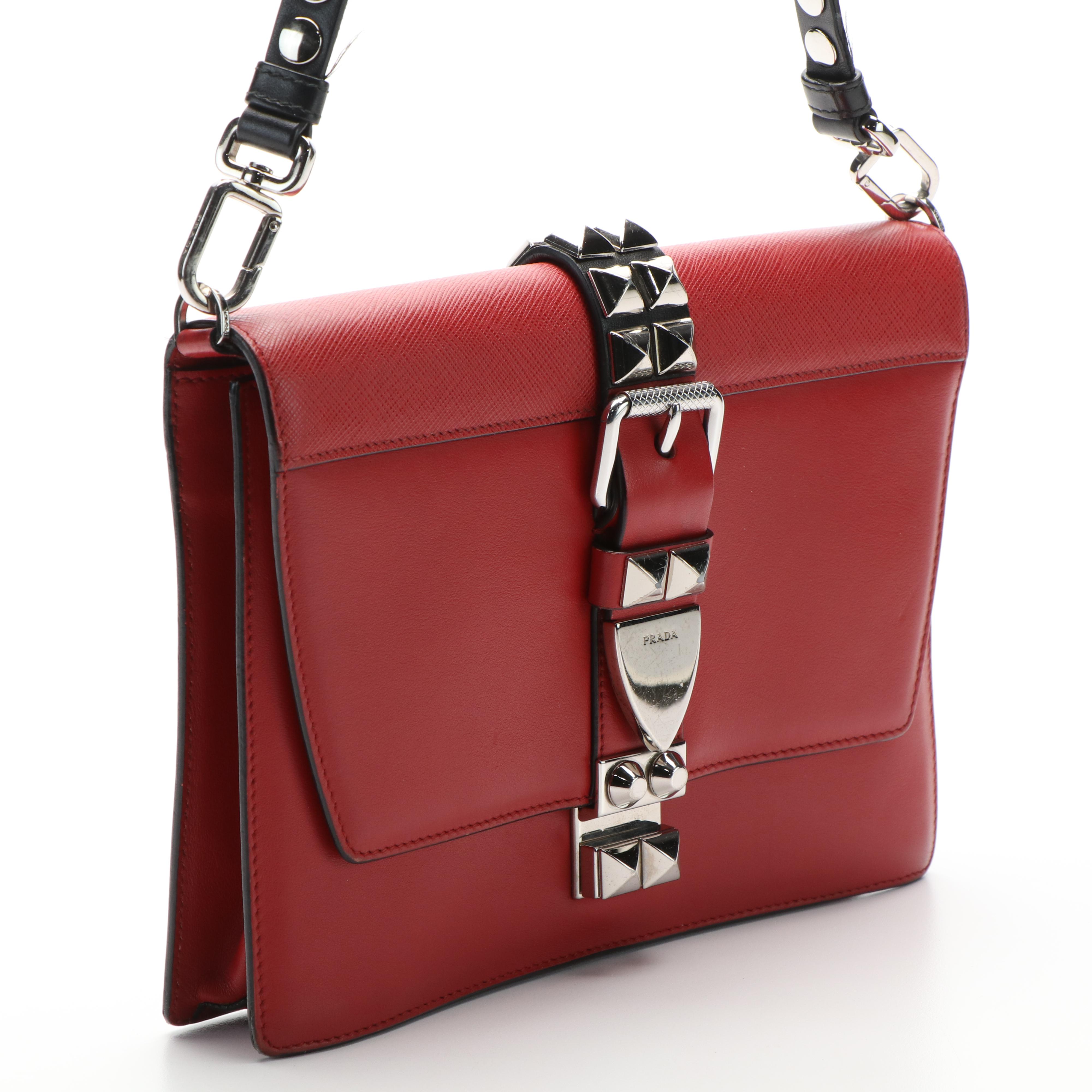 Prada Elektra Studded Crossbody Bag in Red Calf and Saffiano Leather