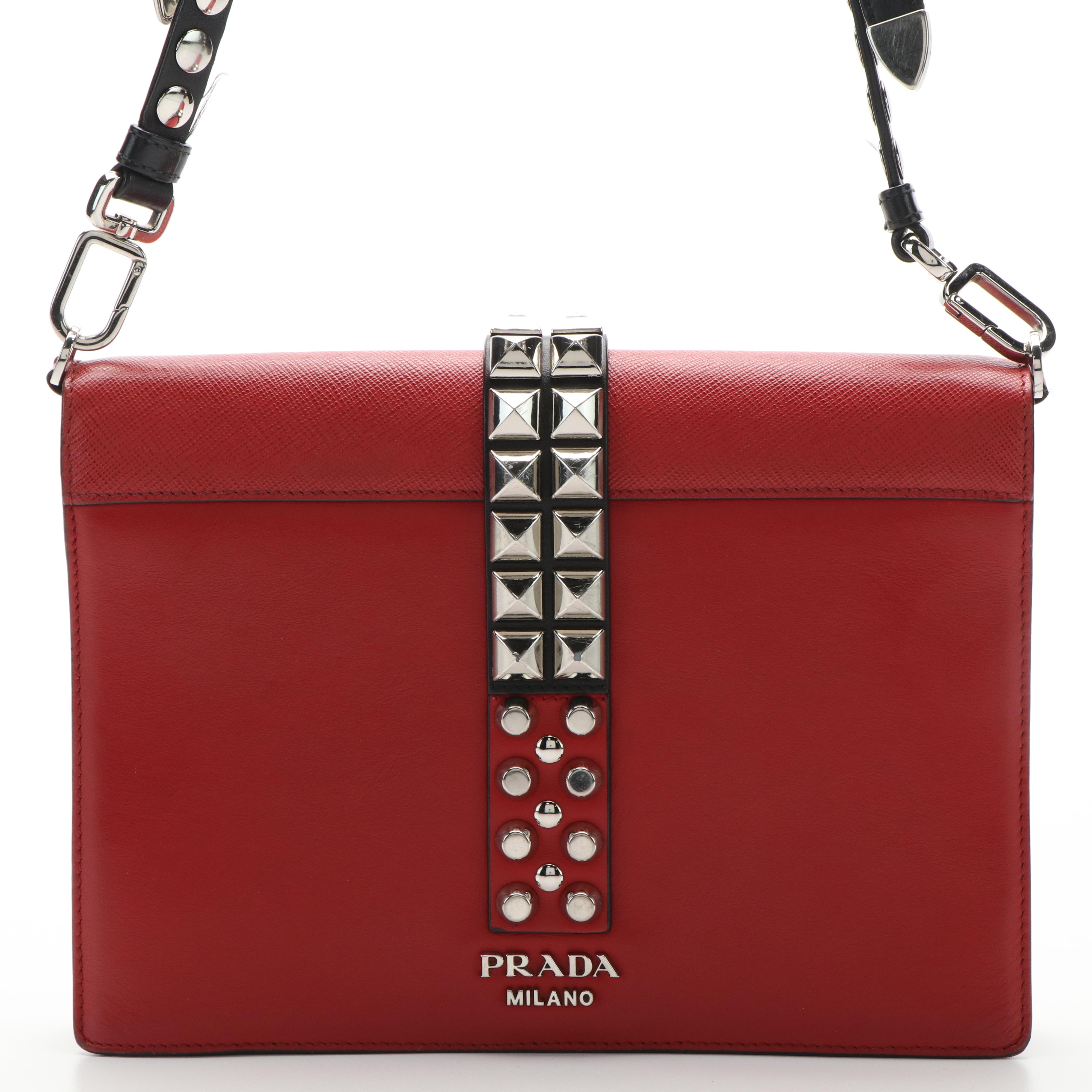 Prada Elektra Studded Crossbody Bag in Red Calf and Saffiano Leather