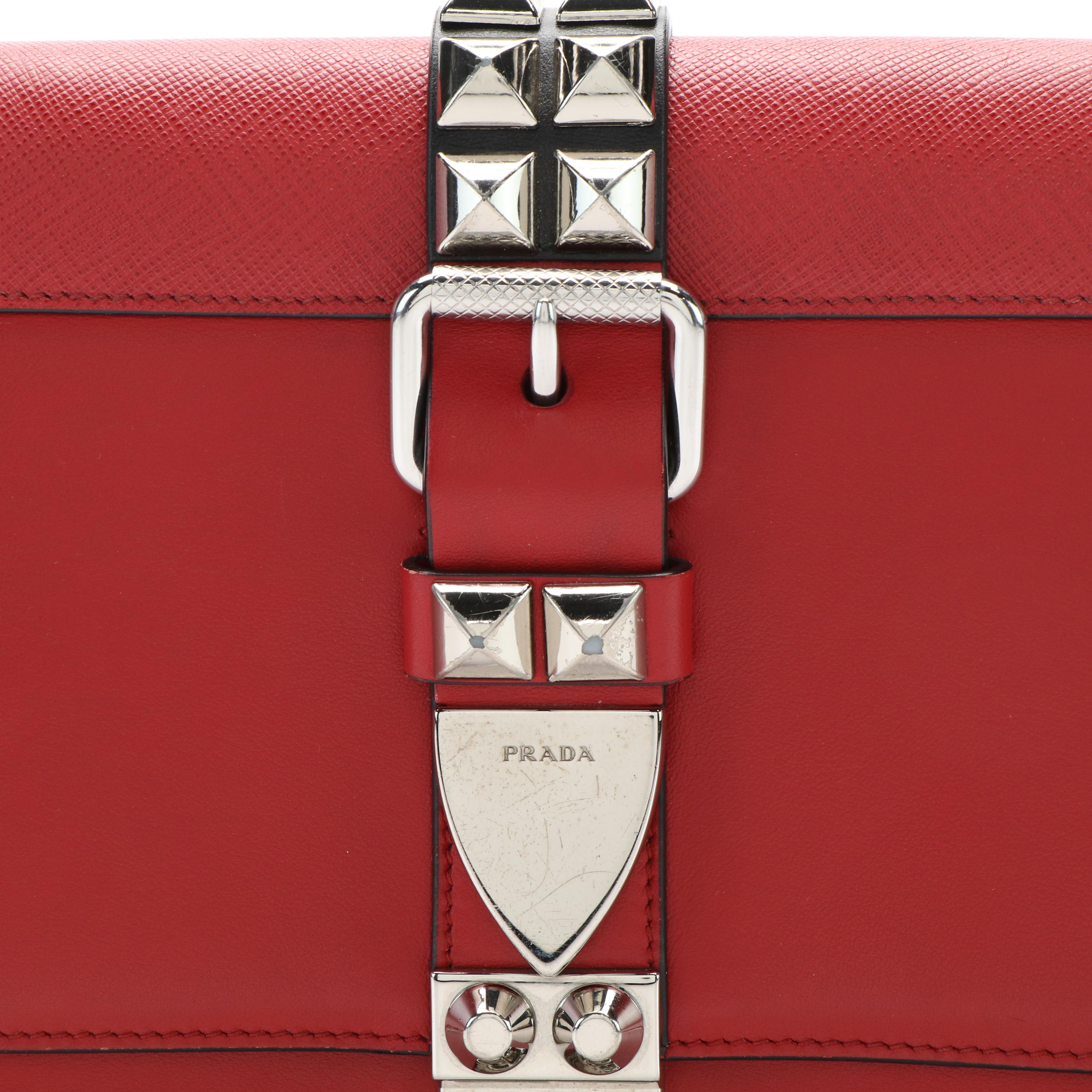 Prada Elektra Studded Crossbody Bag in Red Calf and Saffiano Leather