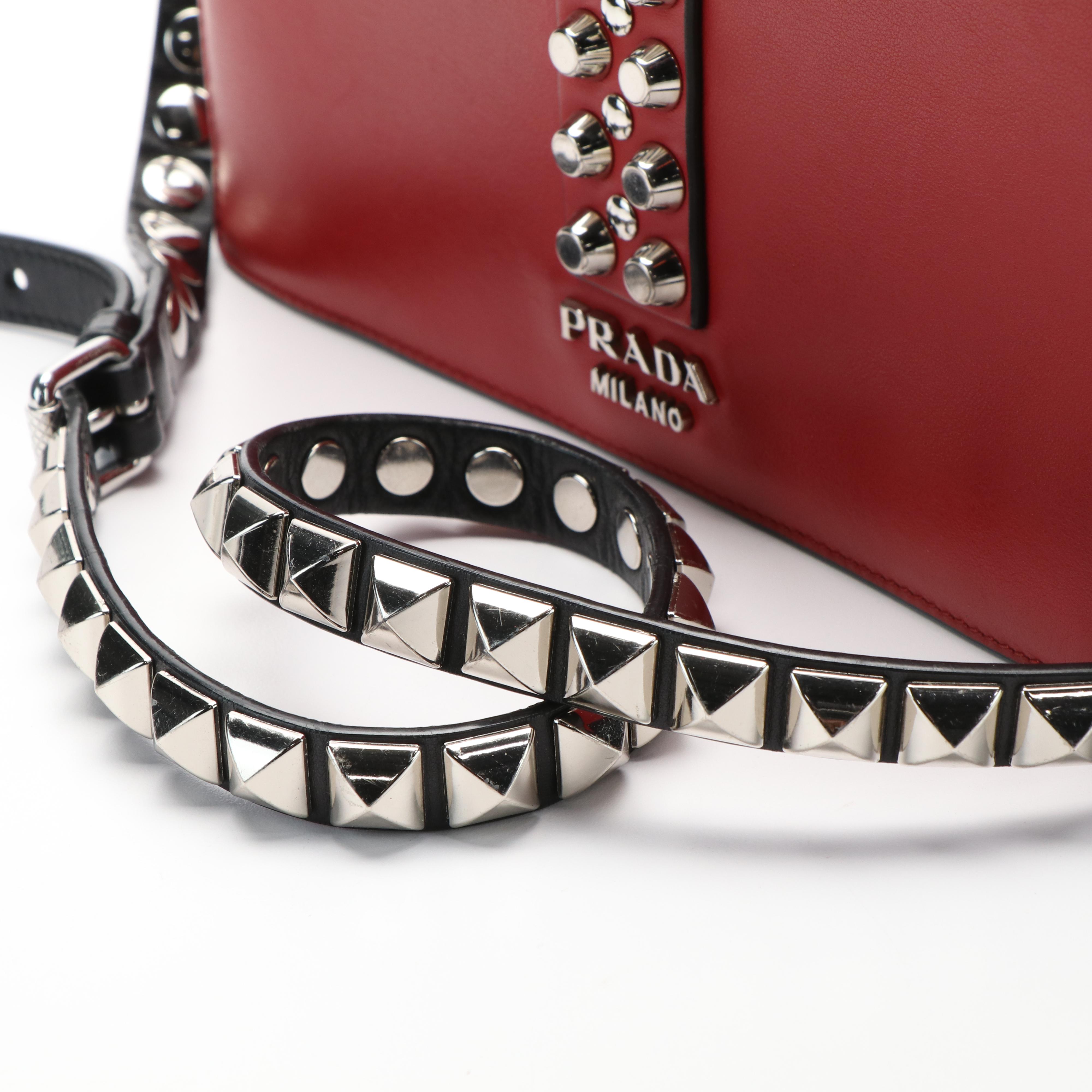 Prada Elektra Studded Crossbody Bag in Red Calf and Saffiano Leather