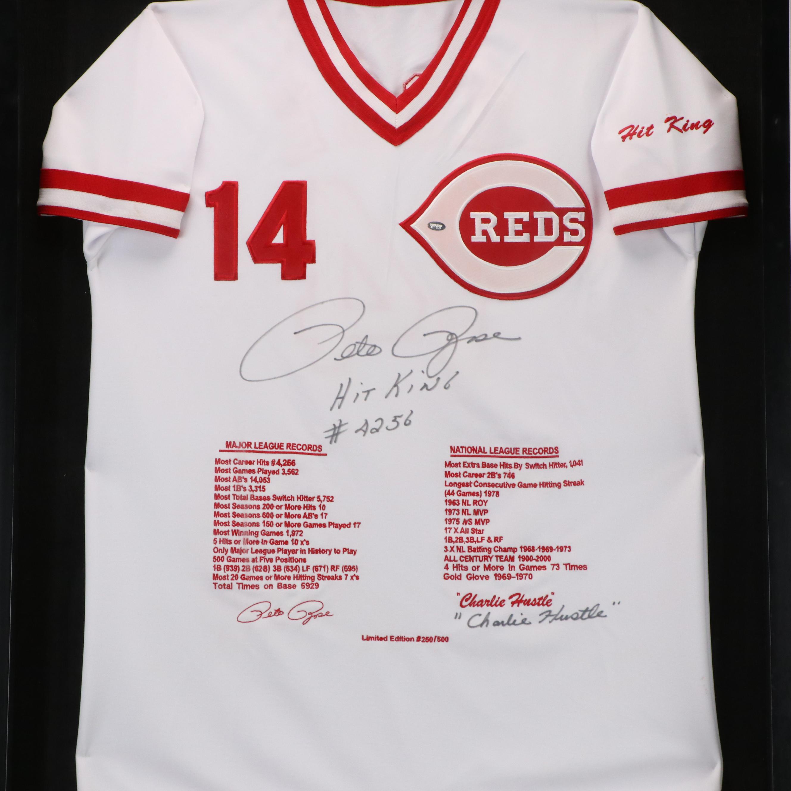 Pete Rose Signed "Charlie Hustle" Cincinnati Reds Framed Baseball Jersey