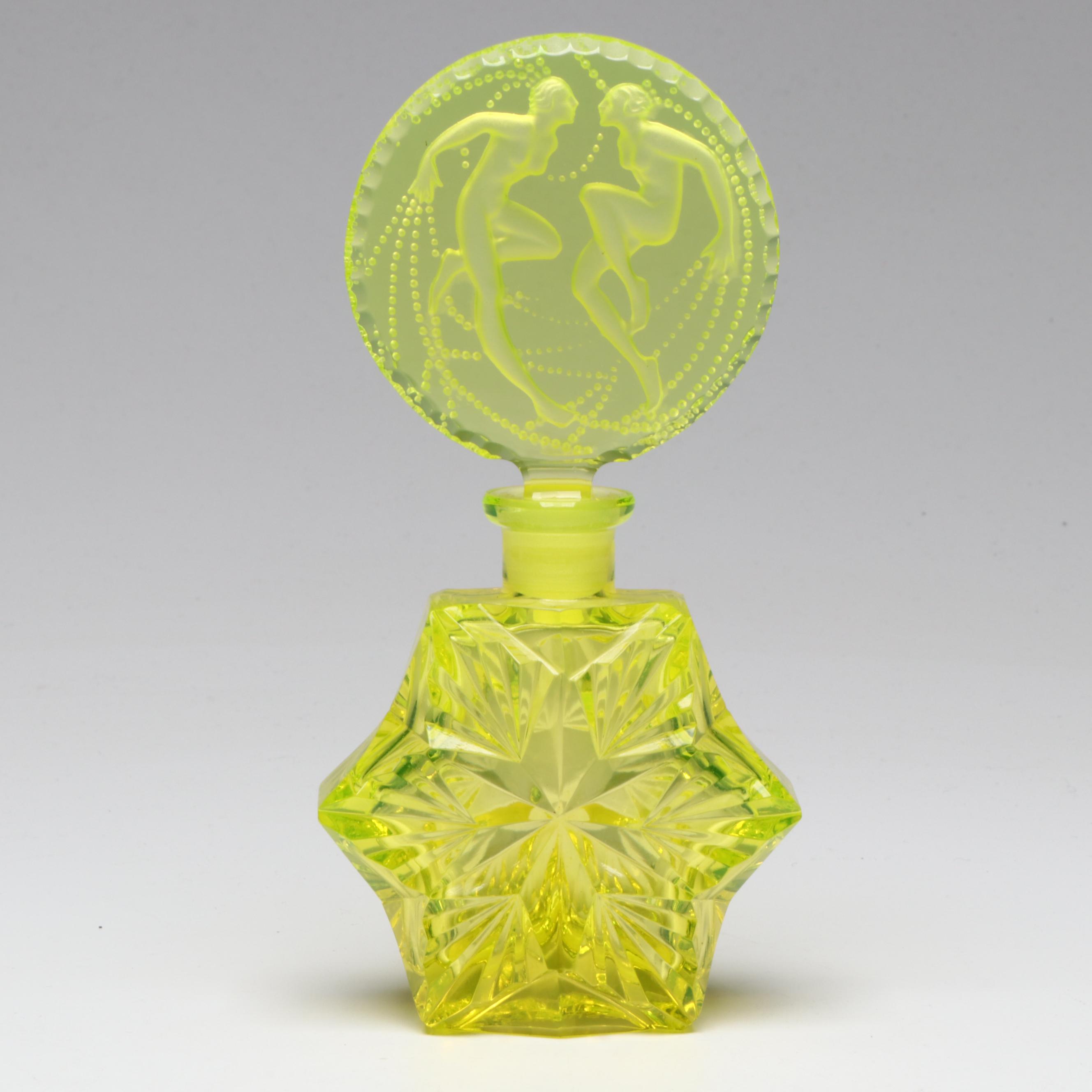 Art Deco J. Pesnicak Czech Vaseline Glass Perfume Bottle, Early to Mid-20th C