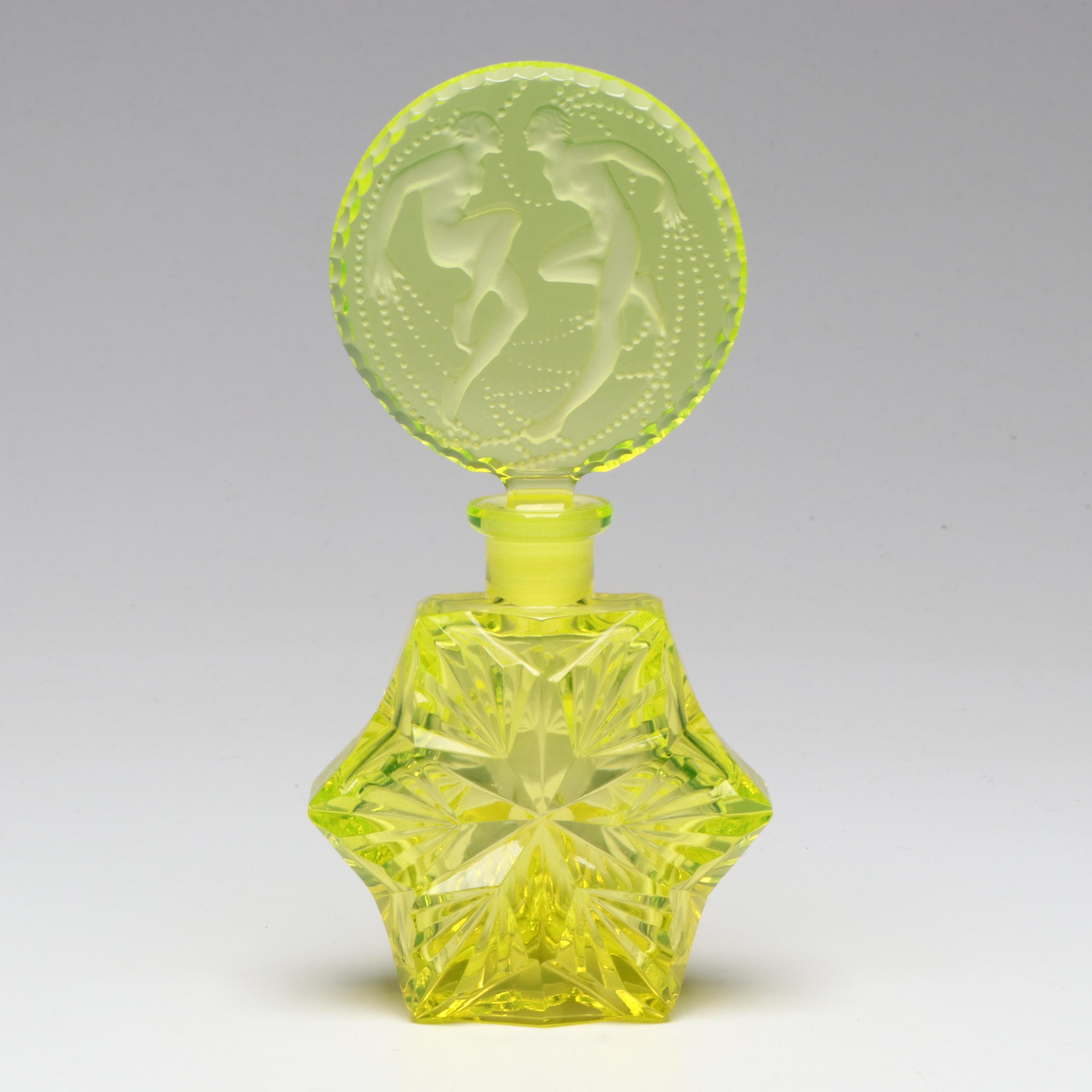 Art Deco J. Pesnicak Czech Vaseline Glass Perfume Bottle, Early to Mid-20th C