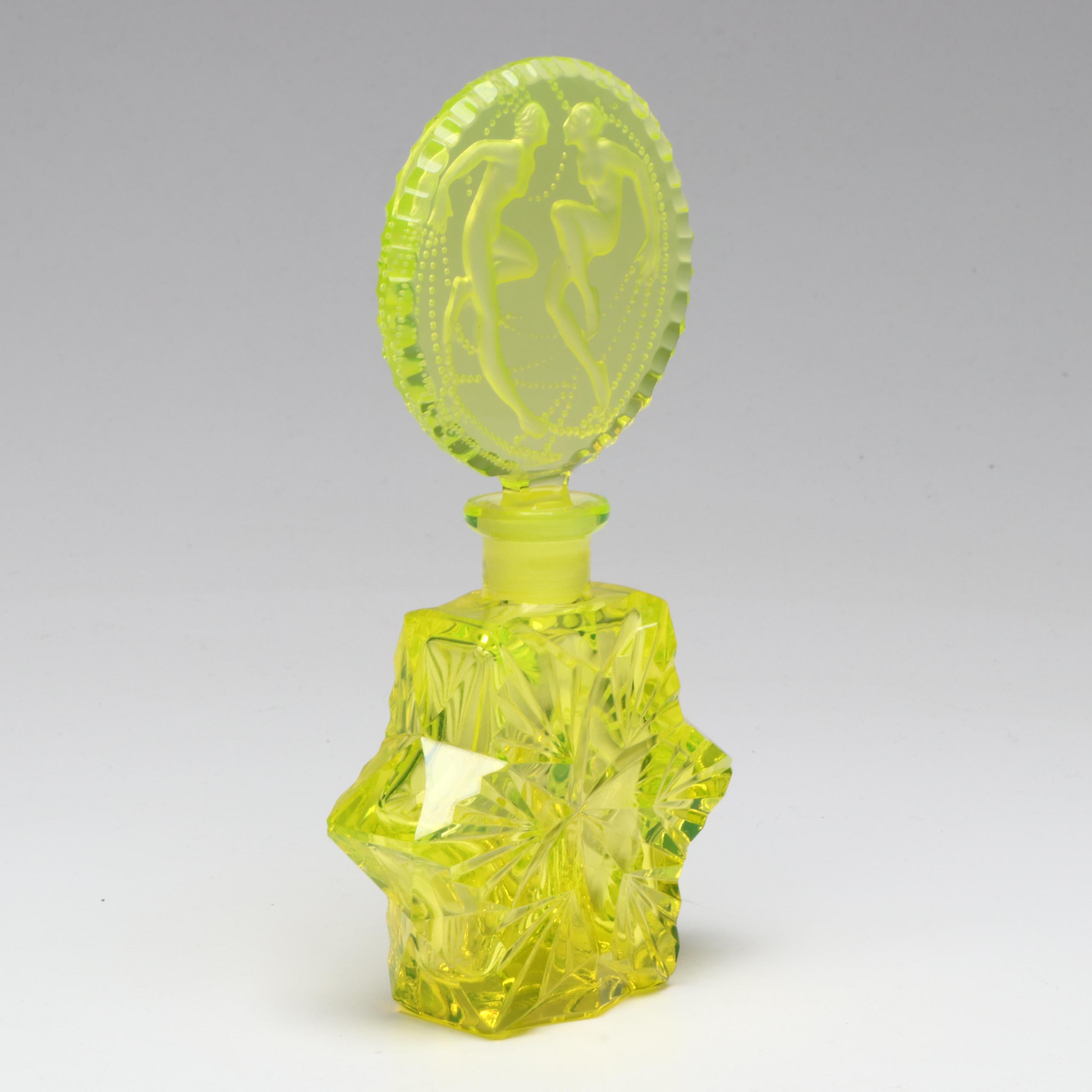 Art Deco J. Pesnicak Czech Vaseline Glass Perfume Bottle, Early to Mid-20th C