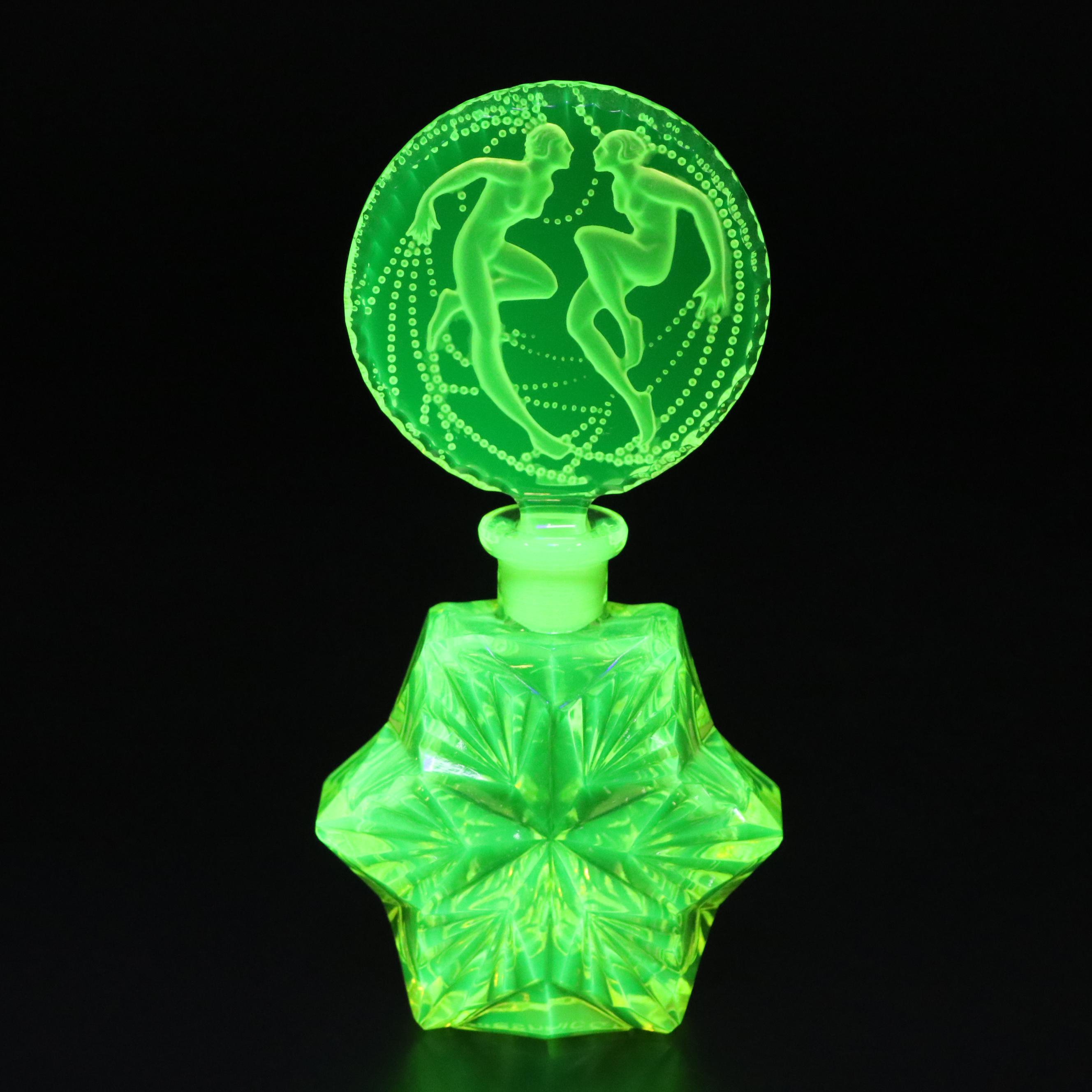 Art Deco J. Pesnicak Czech Vaseline Glass Perfume Bottle, Early to Mid-20th C