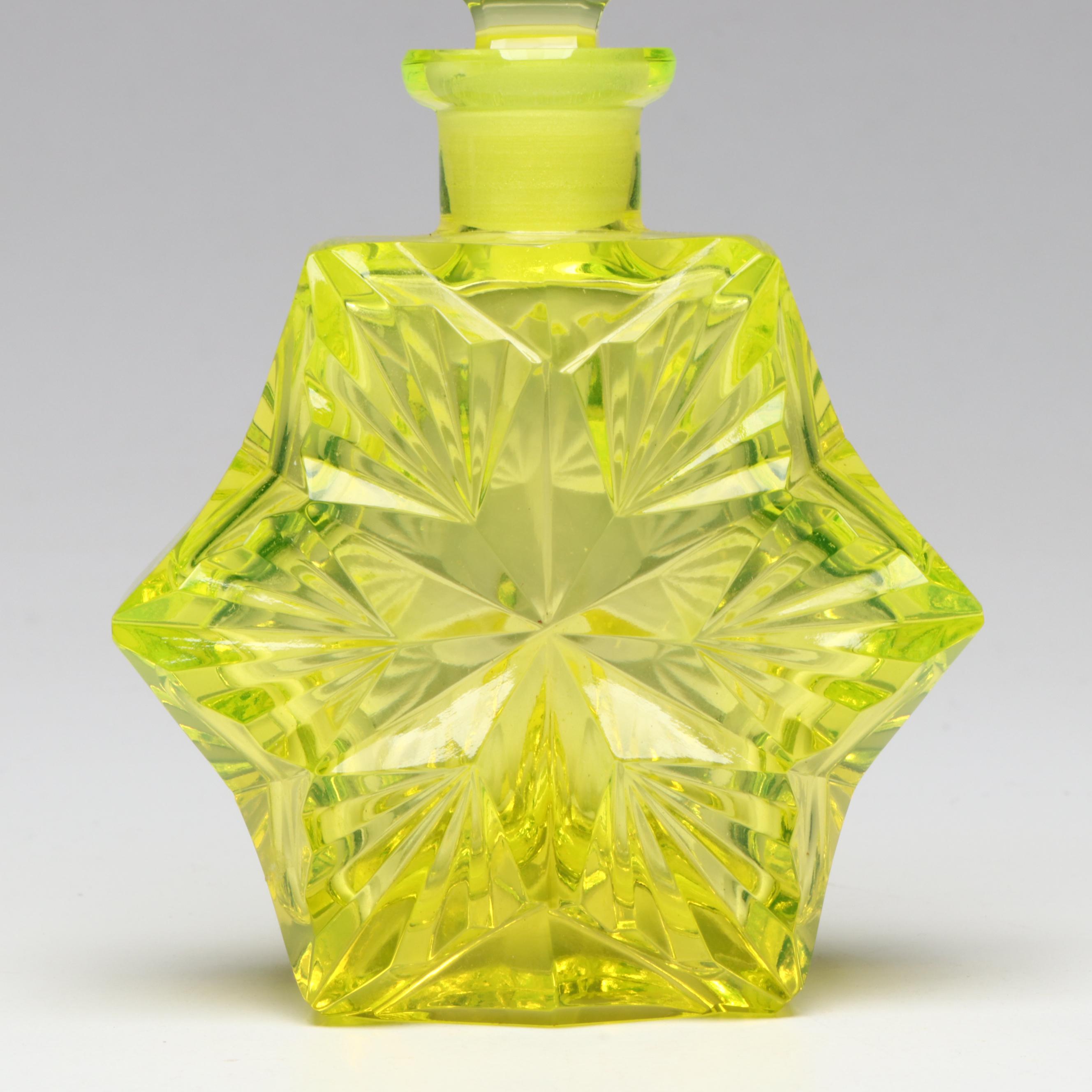 Art Deco J. Pesnicak Czech Vaseline Glass Perfume Bottle, Early to Mid-20th C