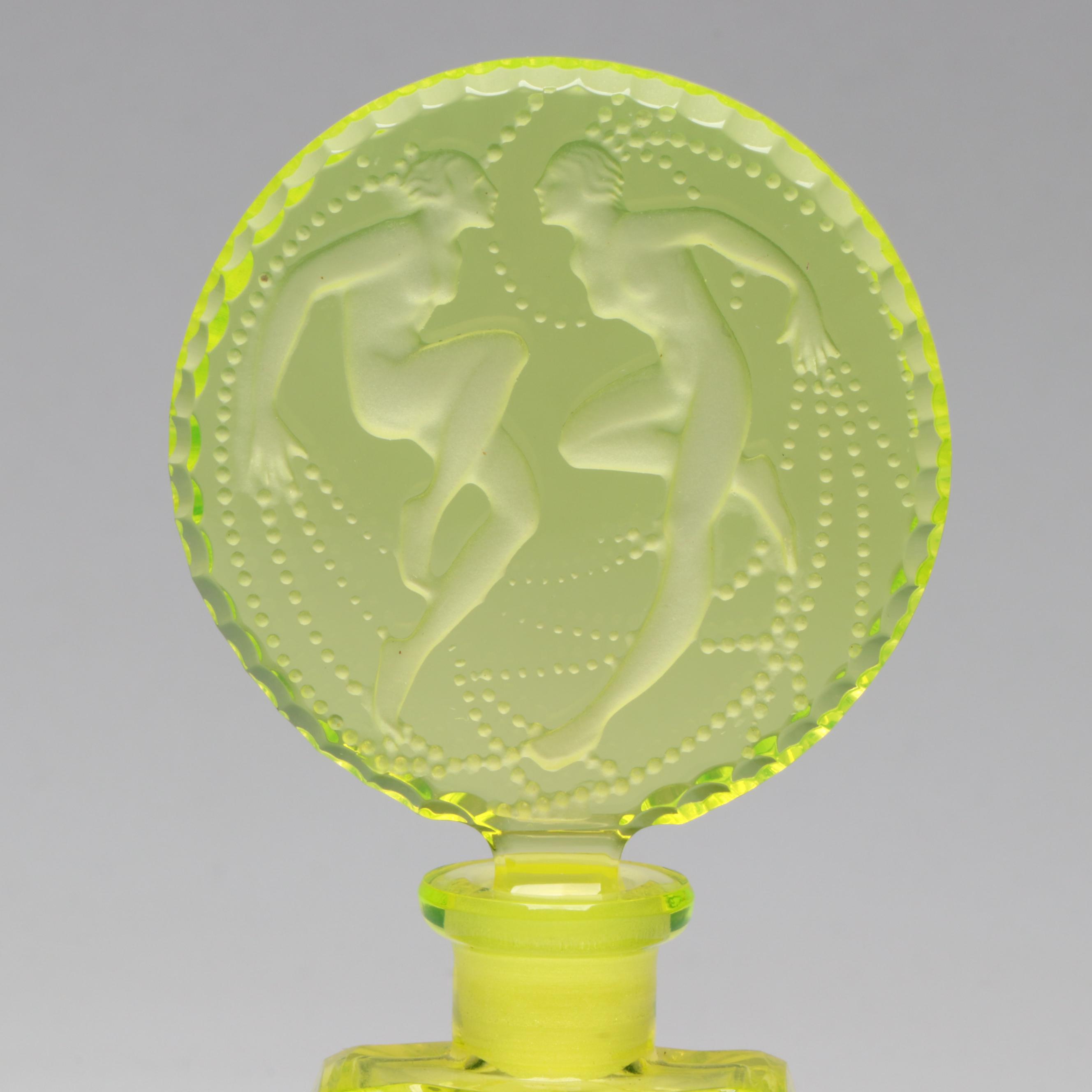 Art Deco J. Pesnicak Czech Vaseline Glass Perfume Bottle, Early to Mid-20th C