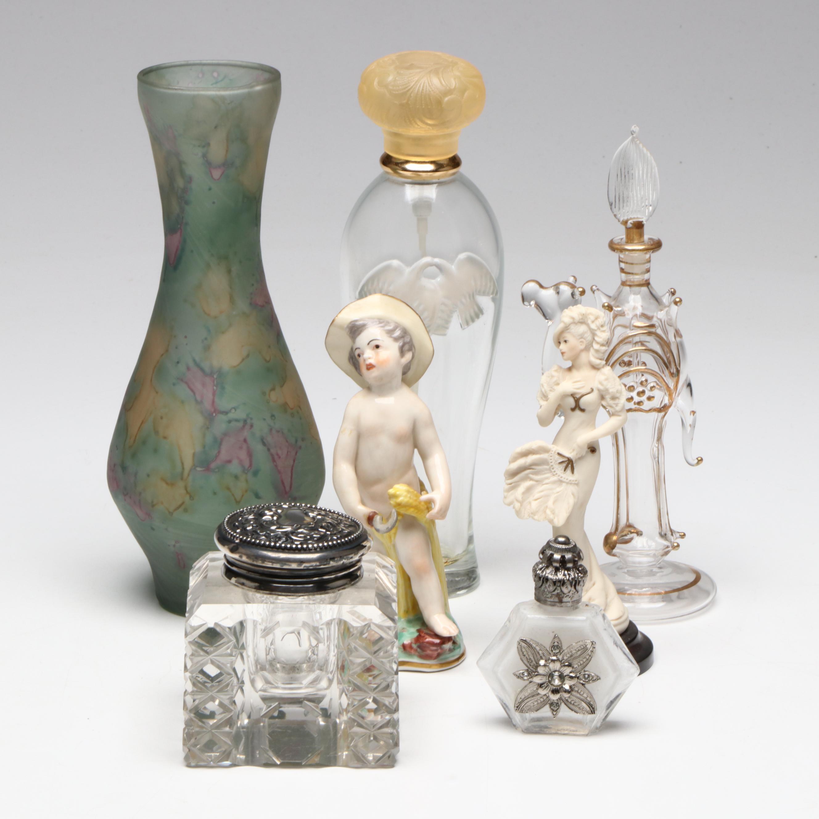 International Silver Glass & Sterling Inkwell, Perfume Bottles & Vanity Décor