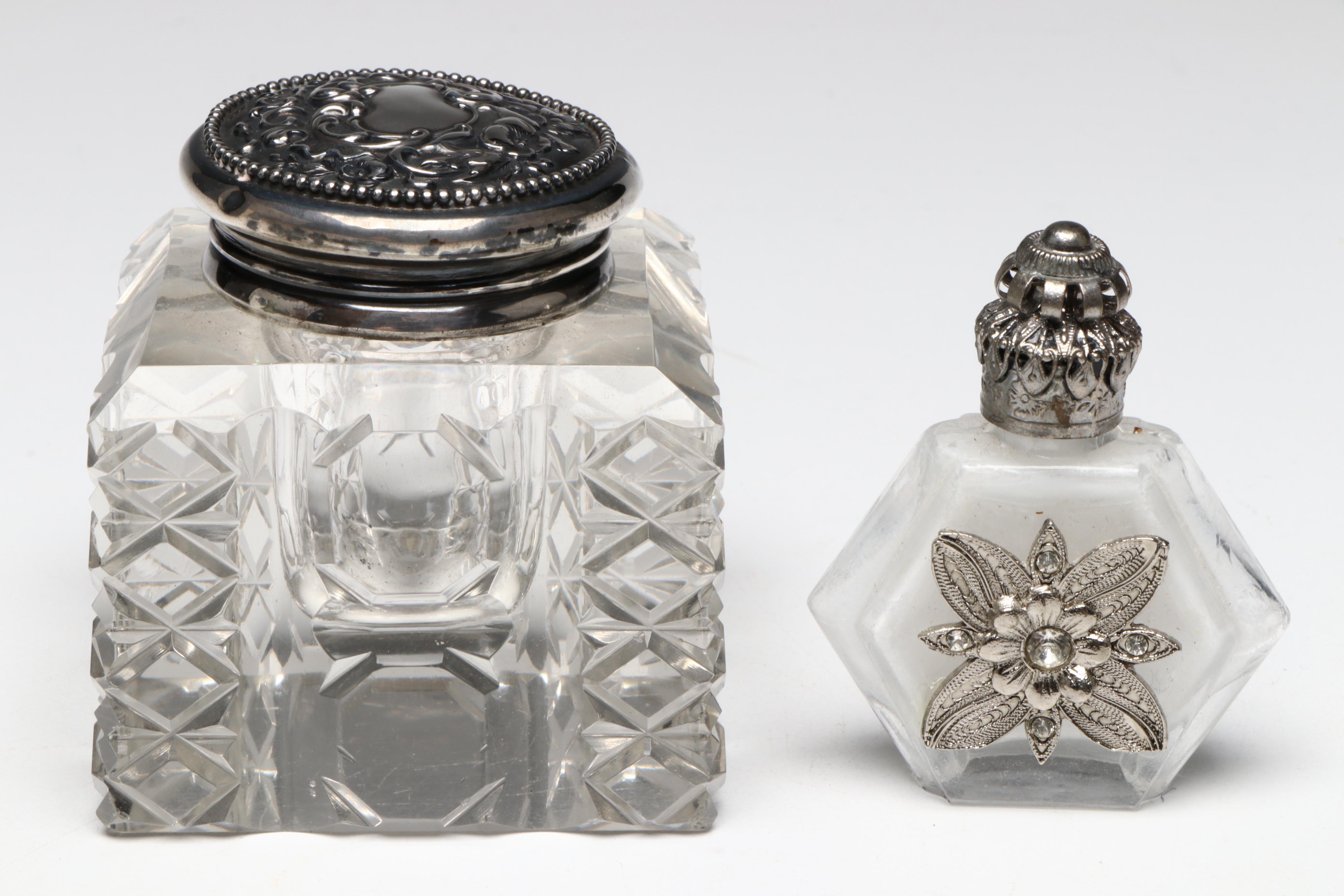 International Silver Glass & Sterling Inkwell, Perfume Bottles & Vanity Décor