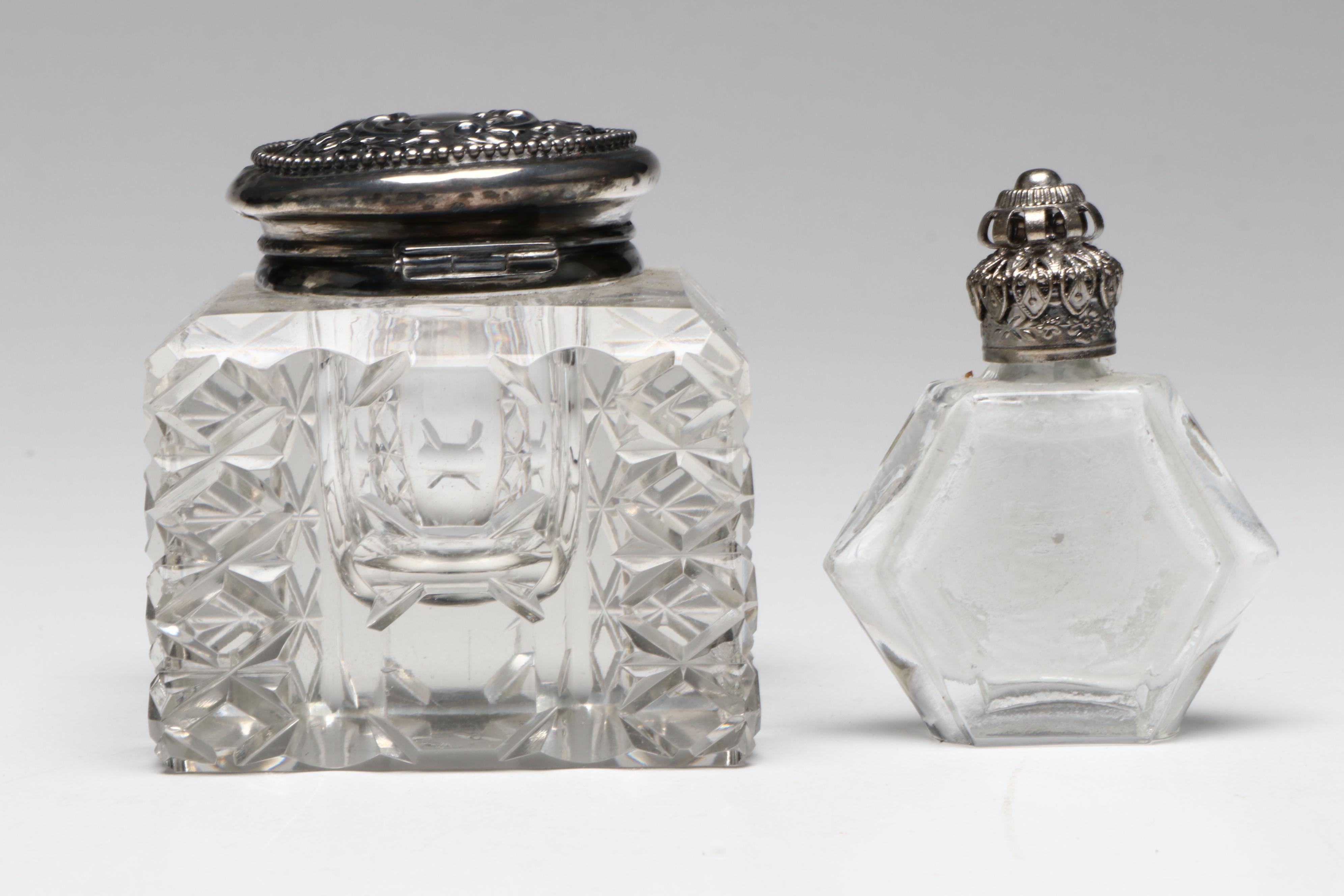 International Silver Glass & Sterling Inkwell, Perfume Bottles & Vanity Décor