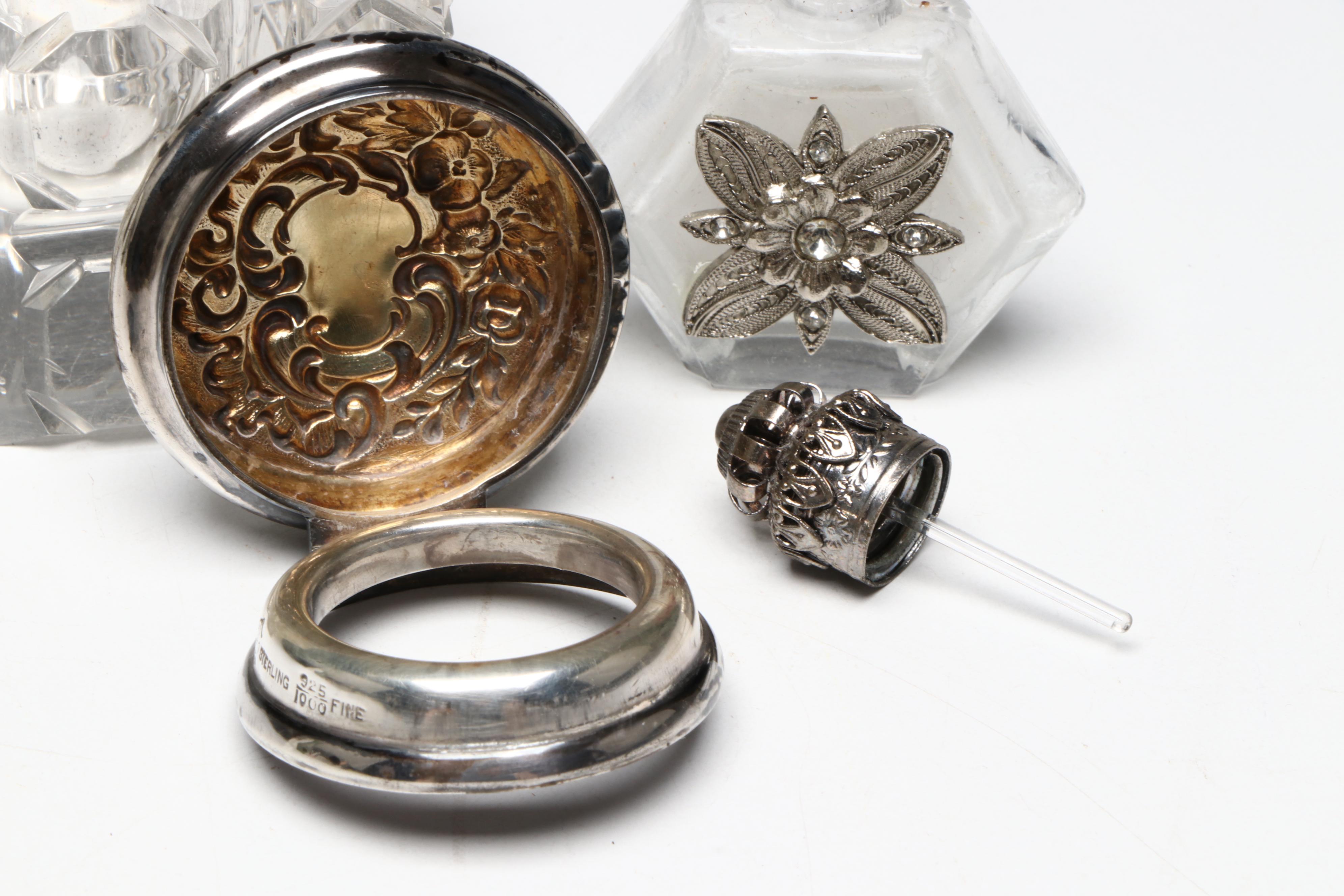 International Silver Glass & Sterling Inkwell, Perfume Bottles & Vanity Décor