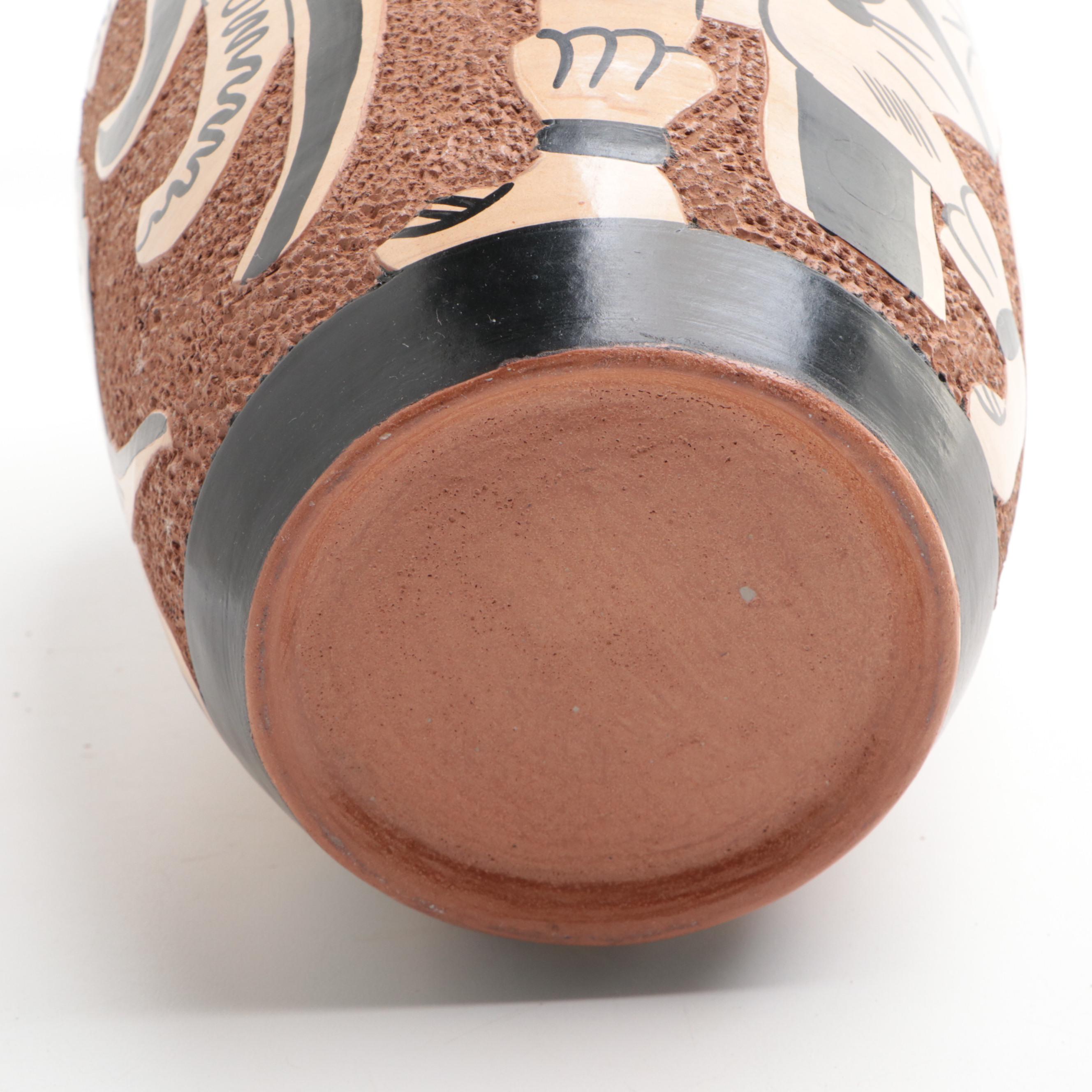 Hand-Crafted Nicaraguan Pottery Vase with Pre-Columbian Nicoya Style Figure