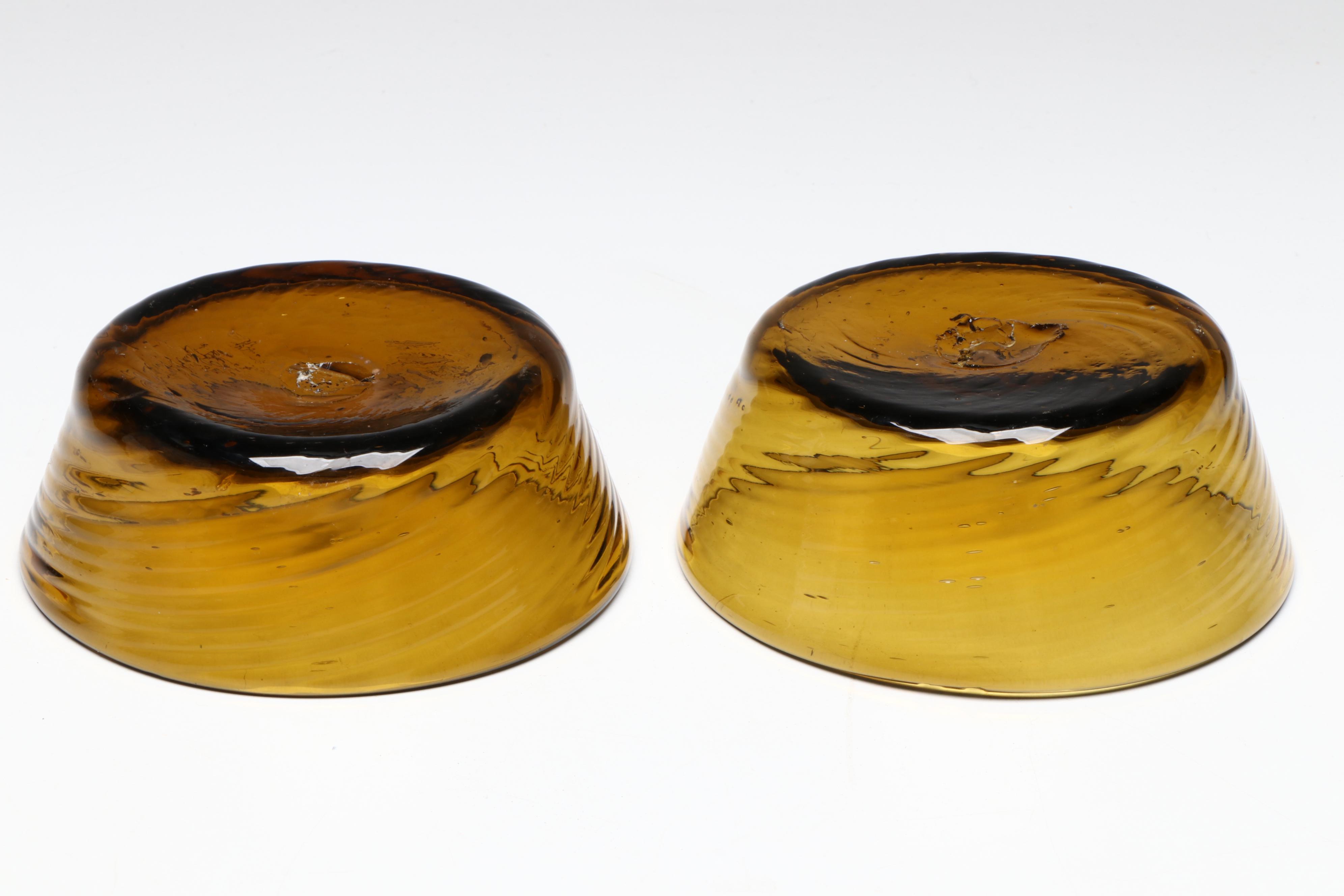 Amber and Blue Art Glass Bowls, Plates and Pitcher