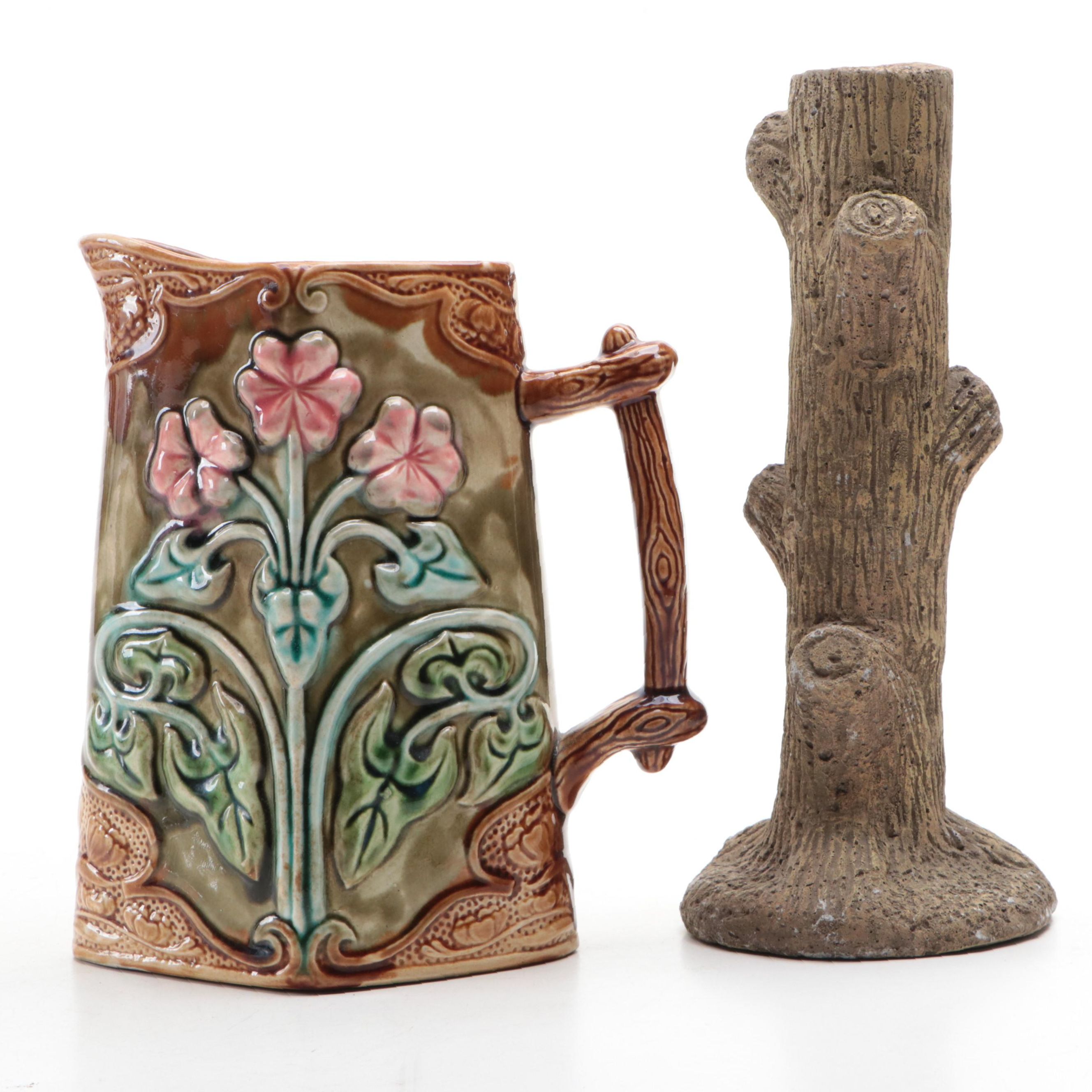 French Majolica Frie Onnaing Geranium Pitcher with Faux Bois Candlestick