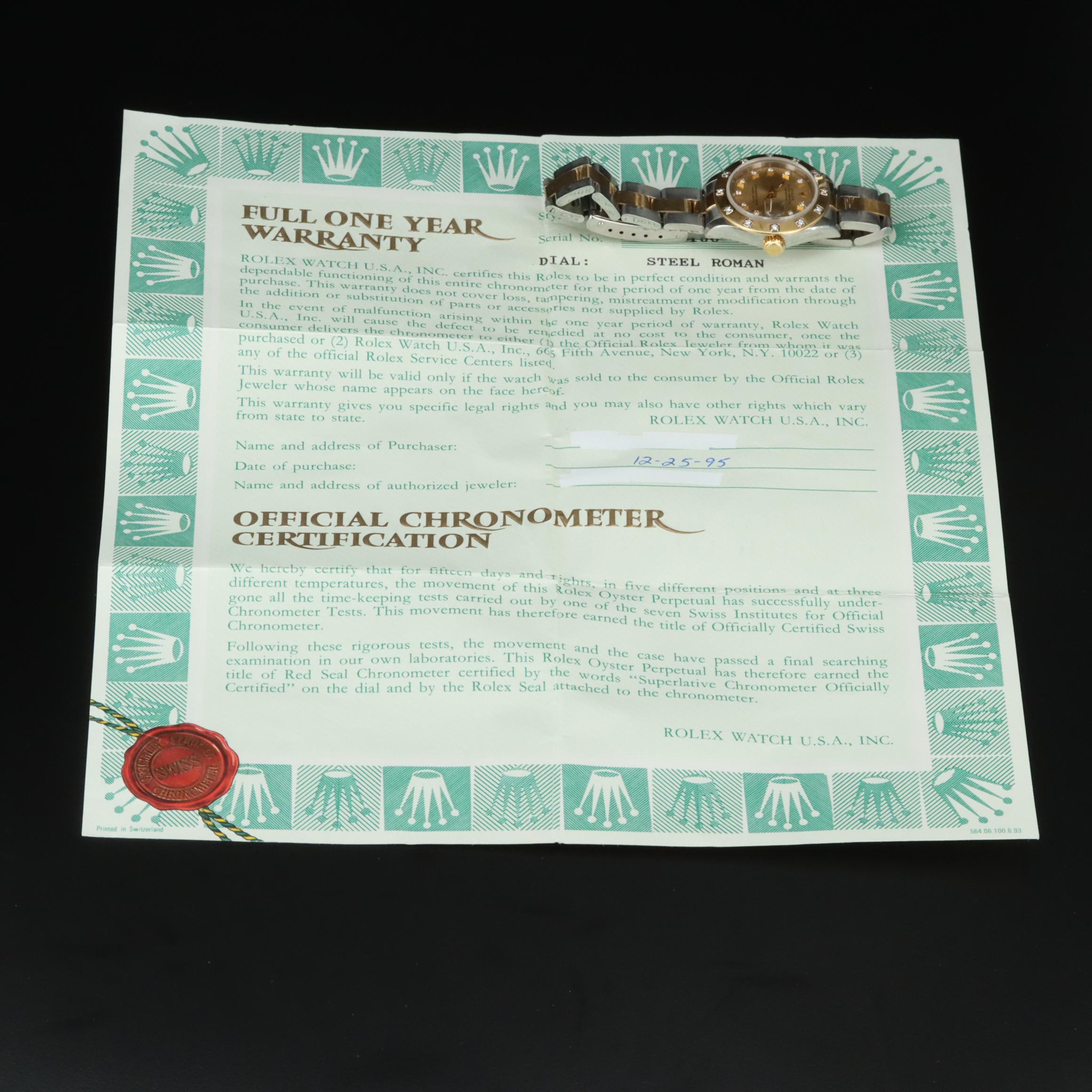 1993 - 94 Rolex Custom Diamond Dial and Bezel Datejust Watch