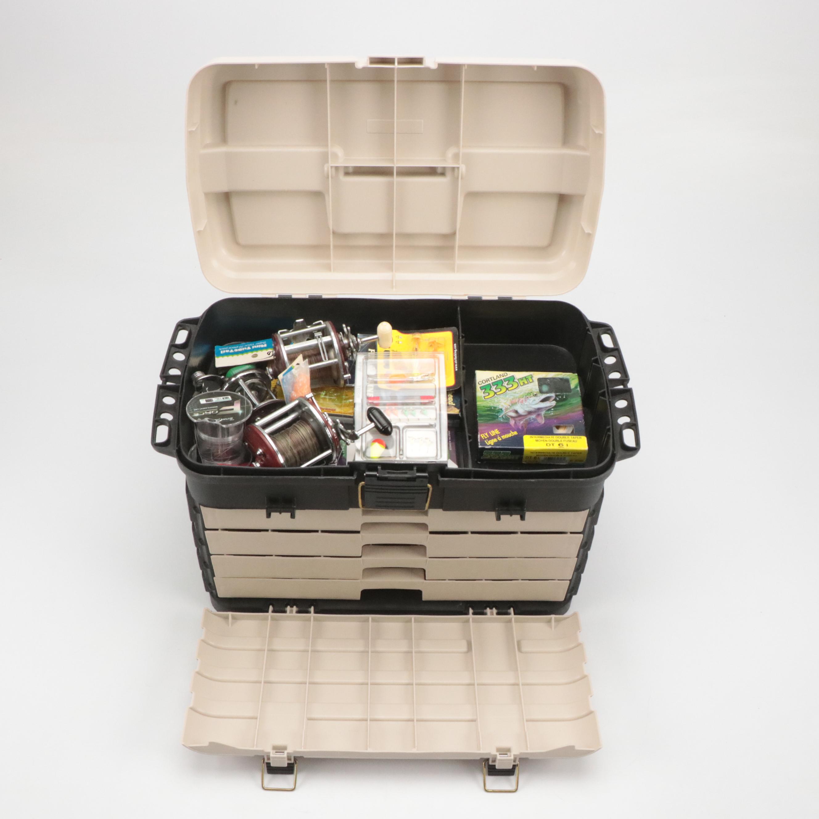 Plano Stacking Four-Drawer Tackle Box with Fishing Gear, Floats, Lures