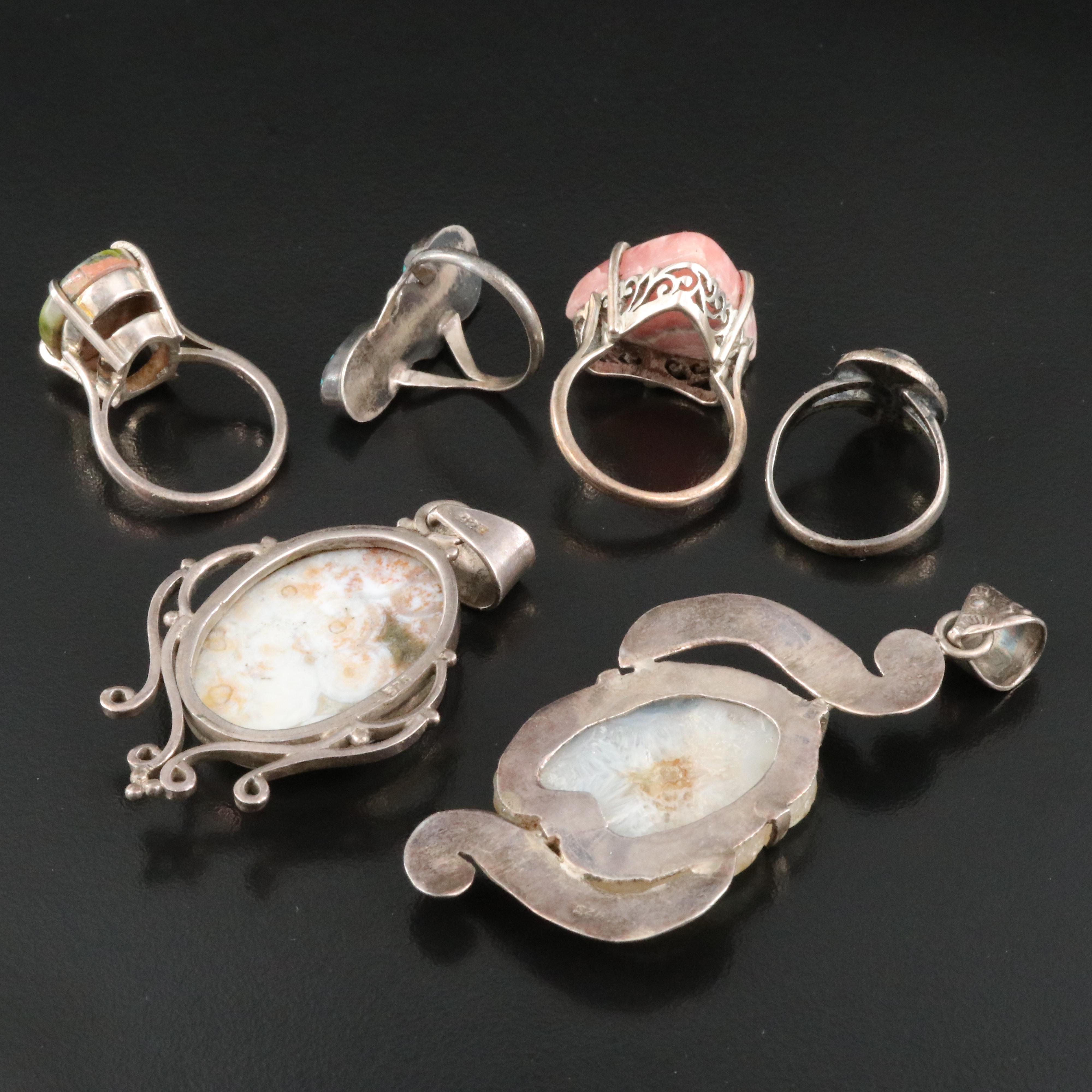 Sterling Rings and Pendants Including Rhodochrosite, Turquoise and Agate