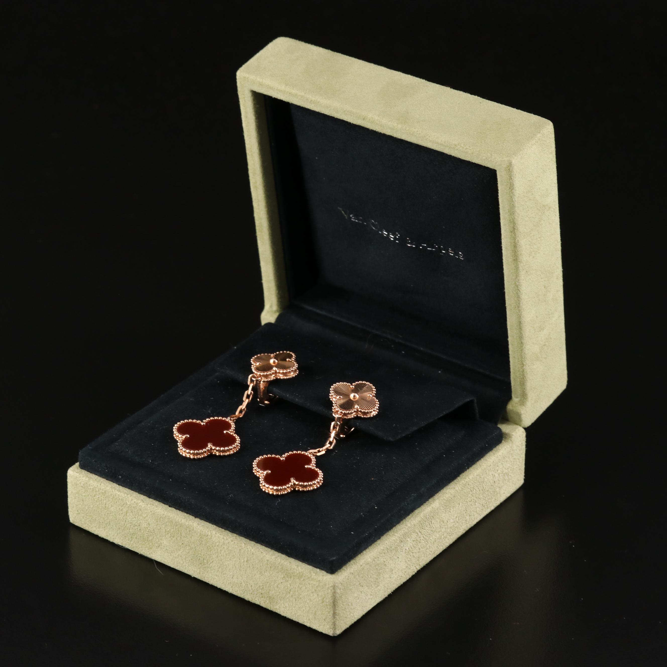 Van Cleef & Arpels Alhambra Two Motifs 18K Rose Gold Carnelian Earrings