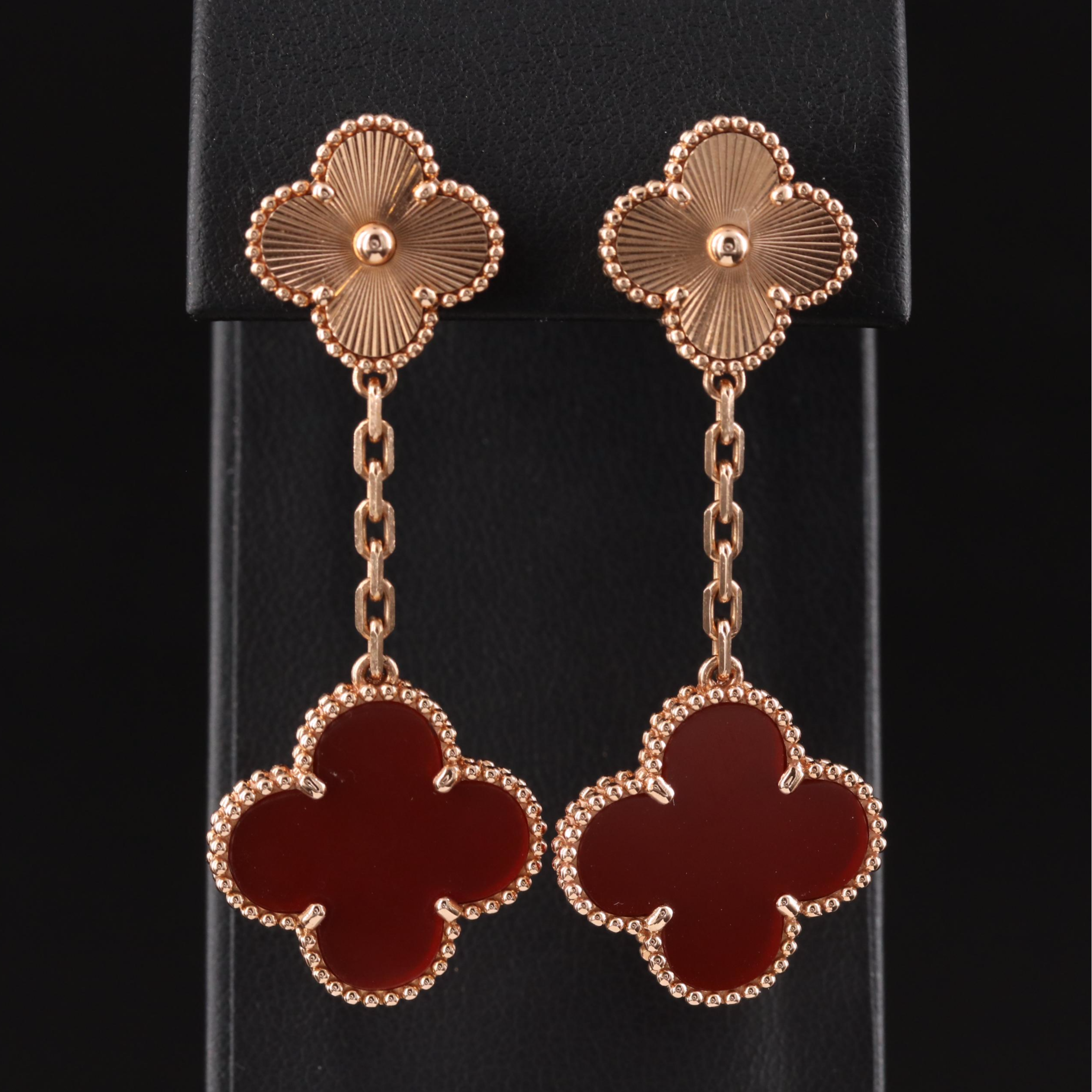 Van Cleef & Arpels Alhambra Two Motifs 18K Rose Gold Carnelian Earrings