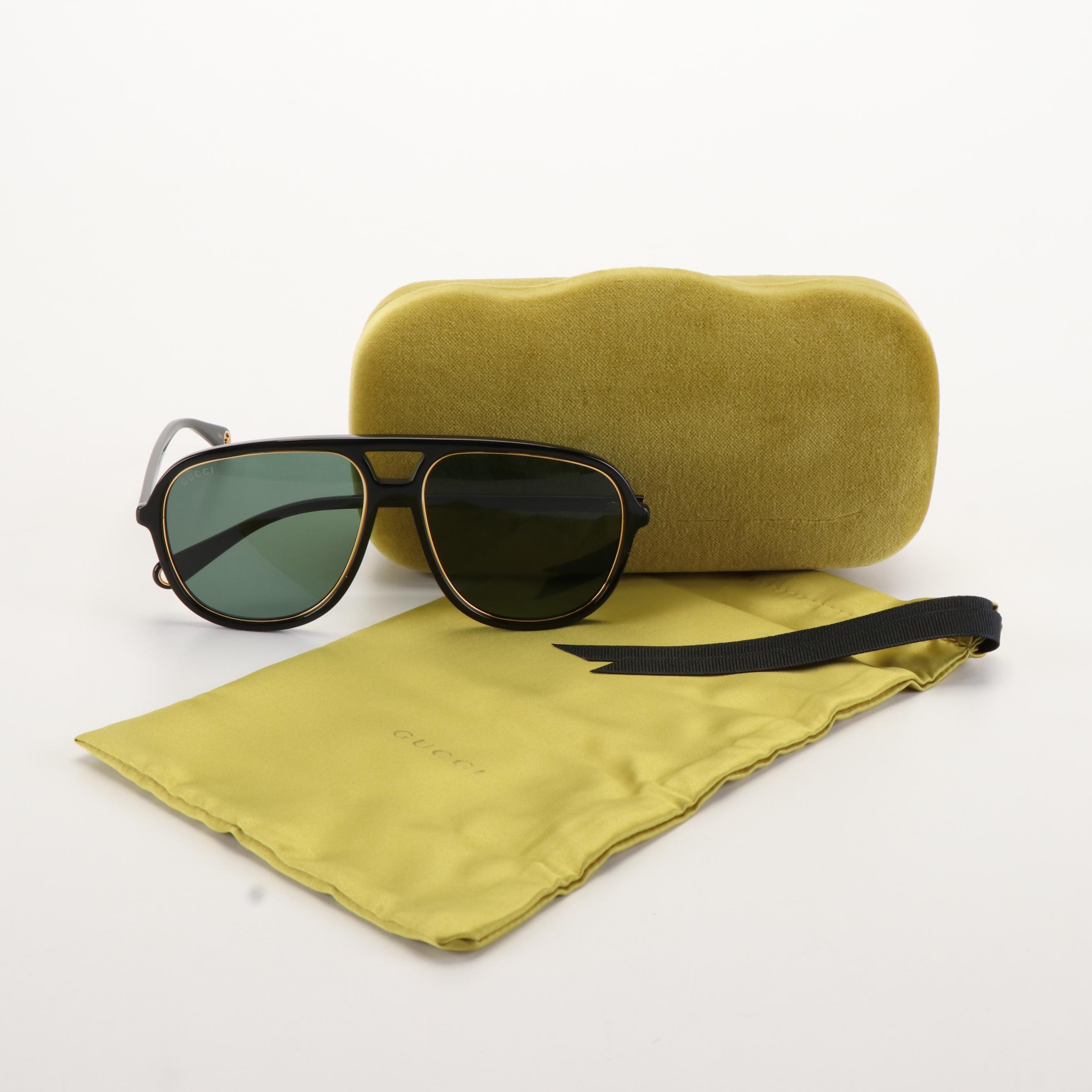 Gucci GG 1077S Black Frames and Green Lenses Aviator Sunglasses