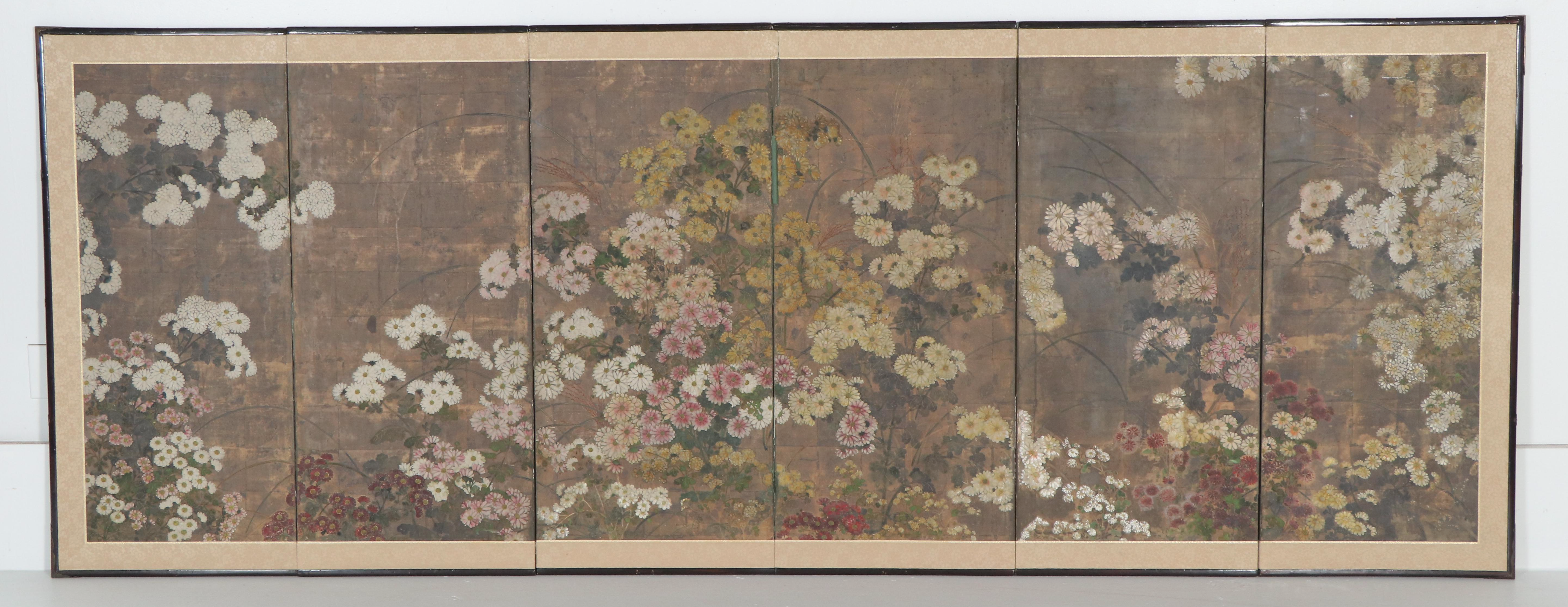 Japanese Rimpa School Edo Period Chrysanthemum Six-Panel Wall Screen