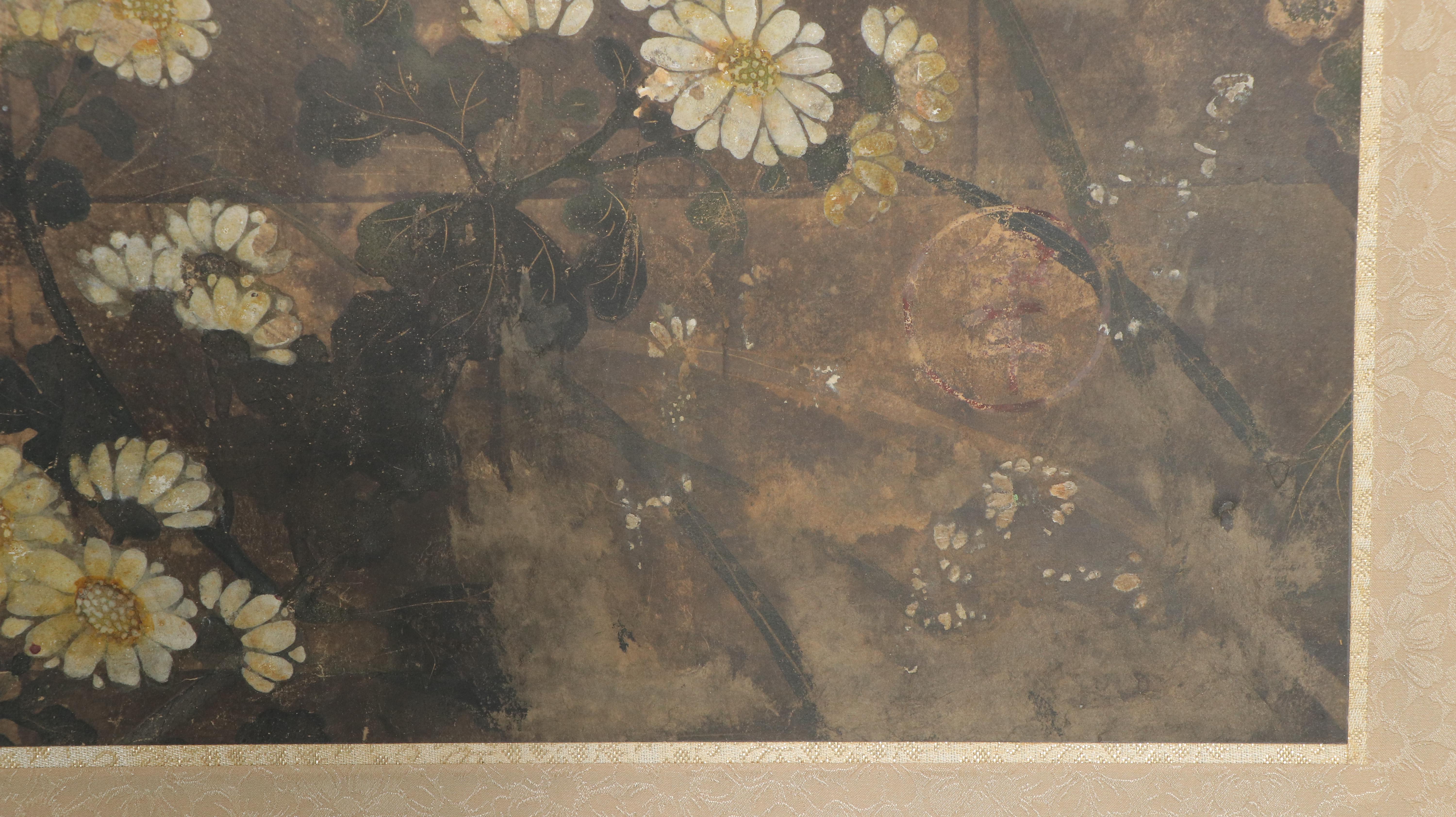 Japanese Rimpa School Edo Period Chrysanthemum Six-Panel Wall Screen