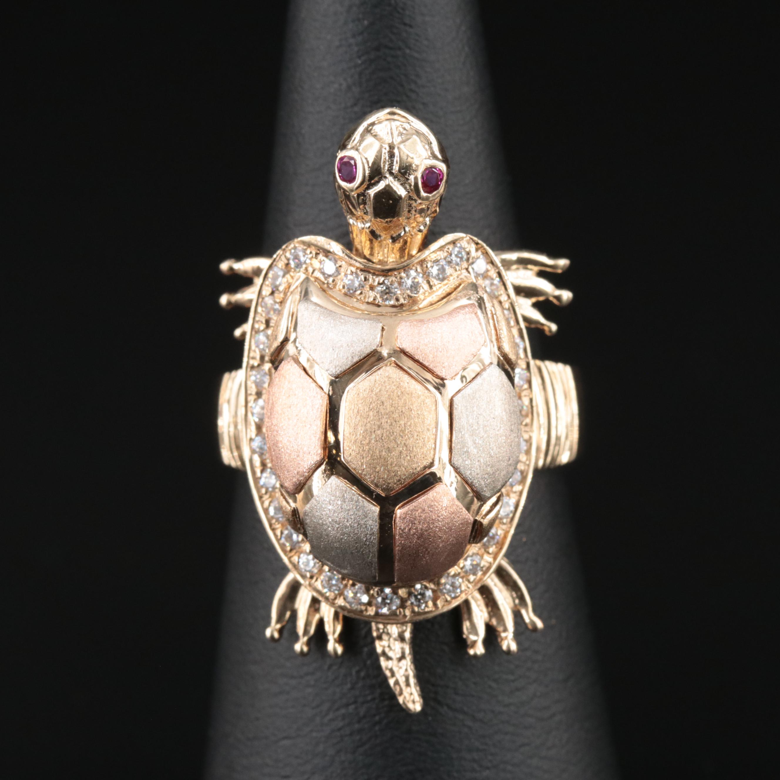 10K Tri-Color CZ Articulated Turtle Ring