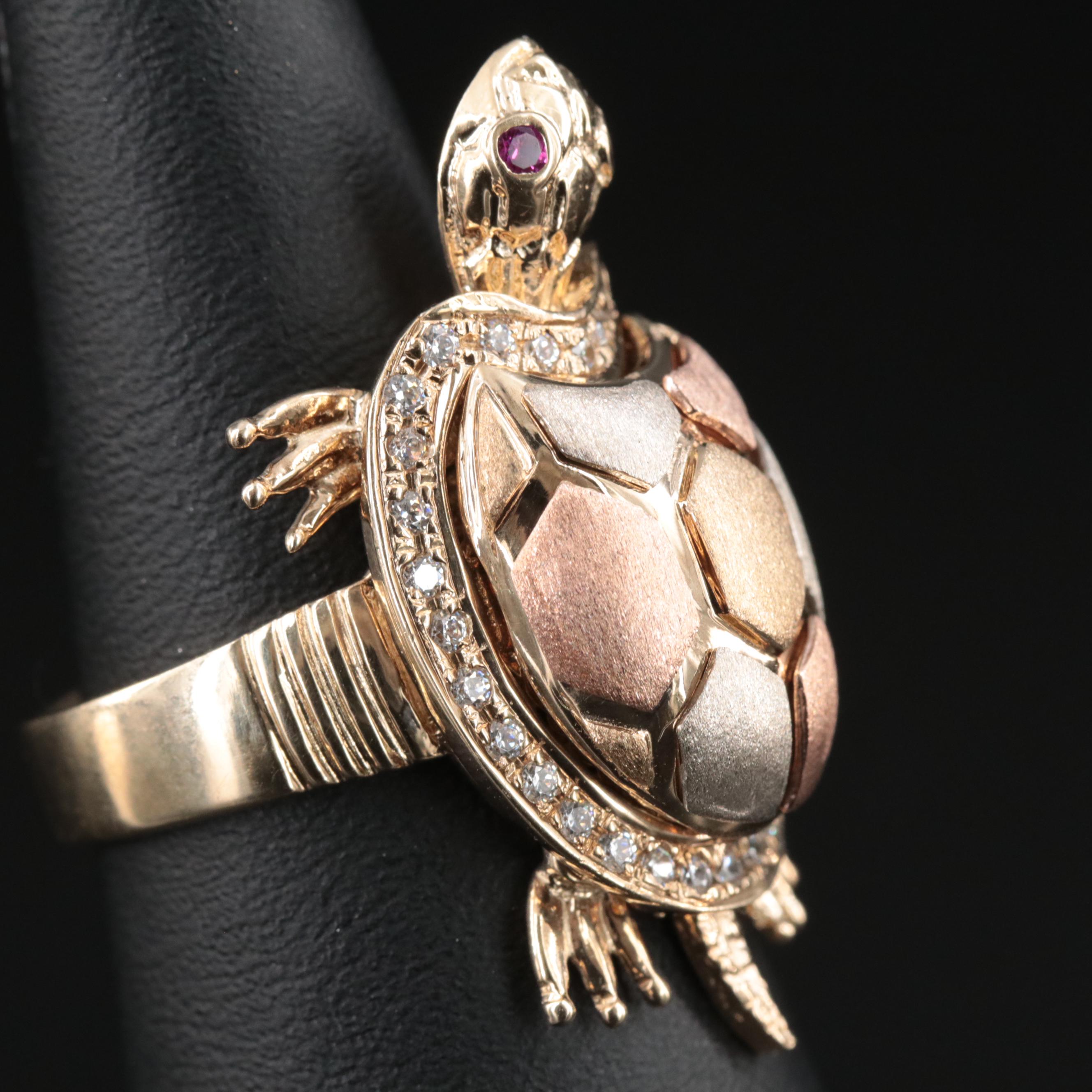 10K Tri-Color CZ Articulated Turtle Ring