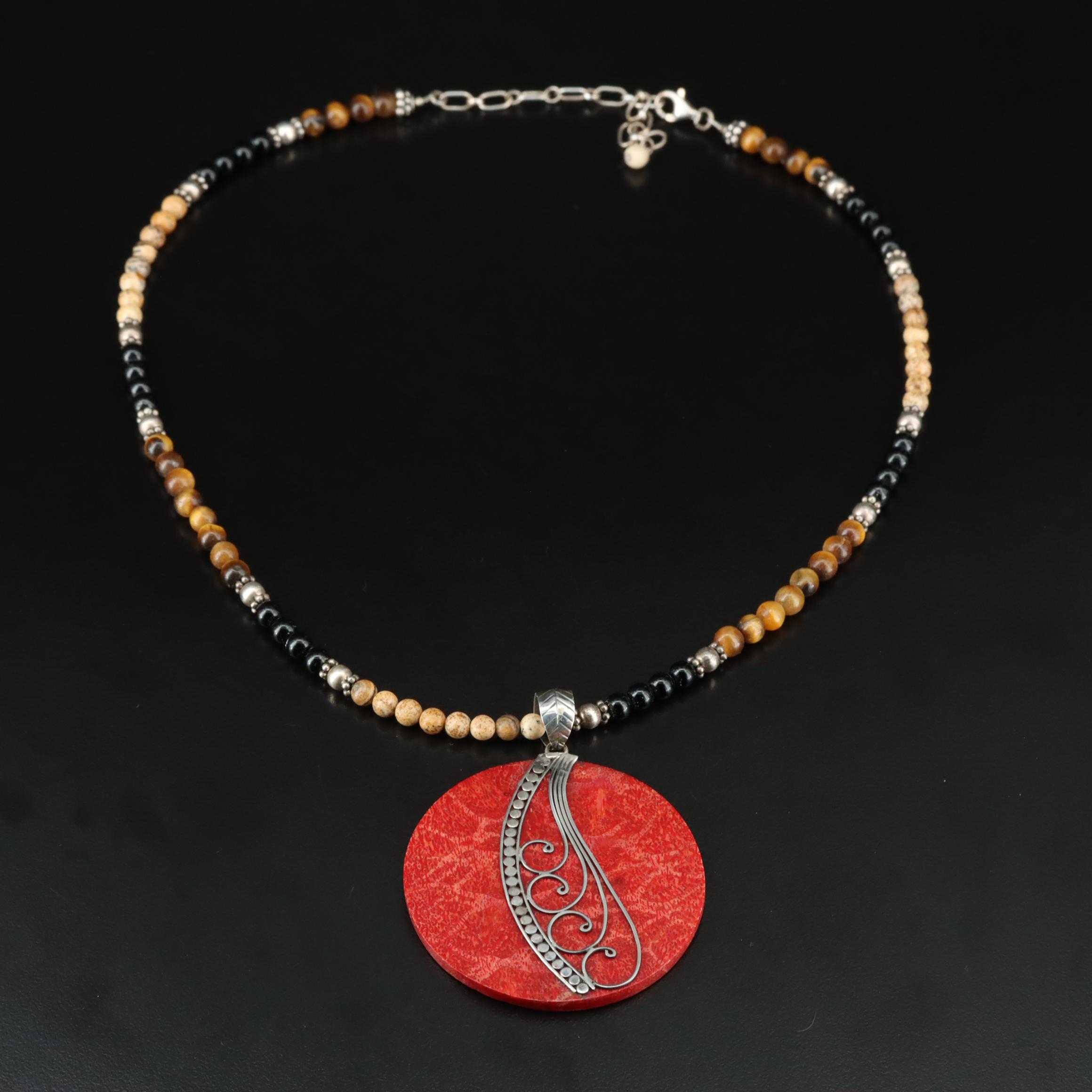 Sterling Coral, Tiger's-Eye and Jasper Necklace