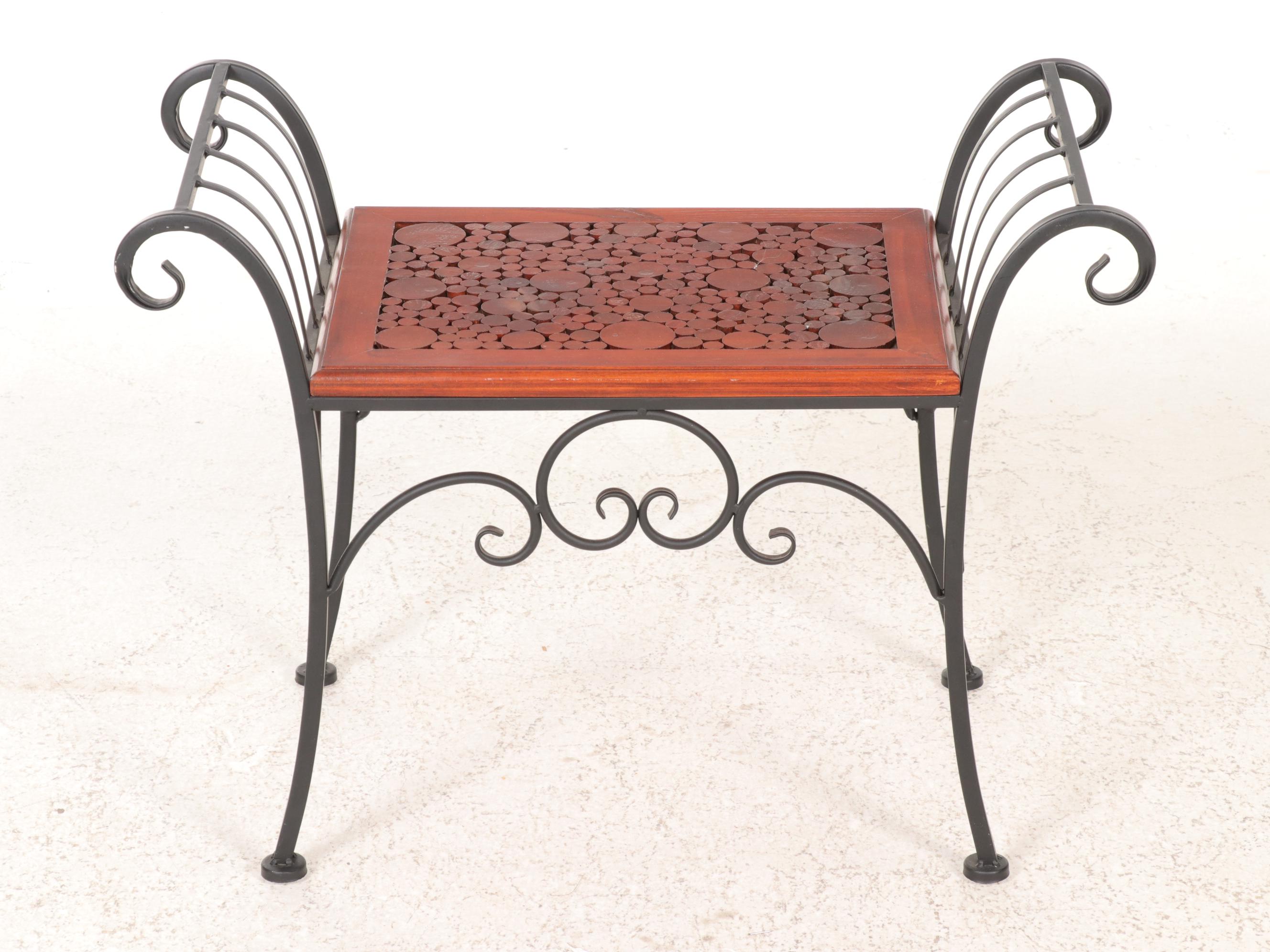 Metal Scroll Accent Table with Wood Disk Top
