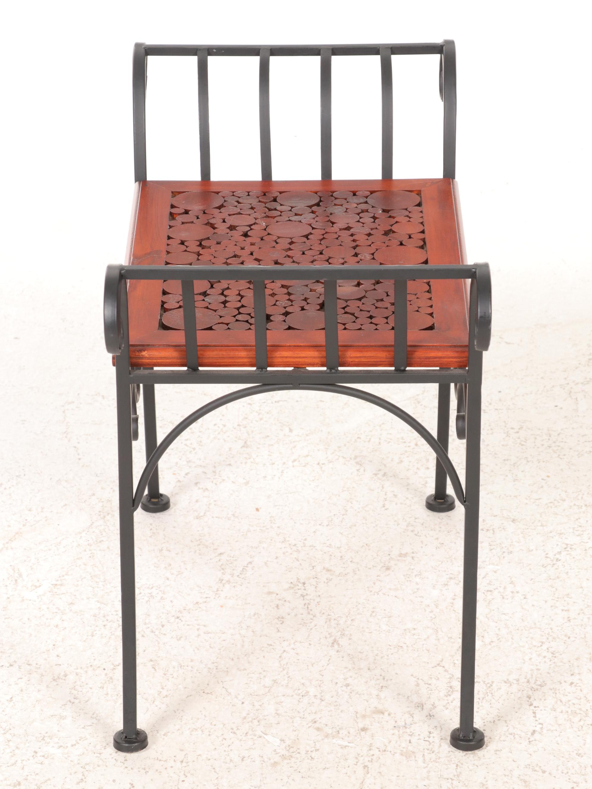 Metal Scroll Accent Table with Wood Disk Top