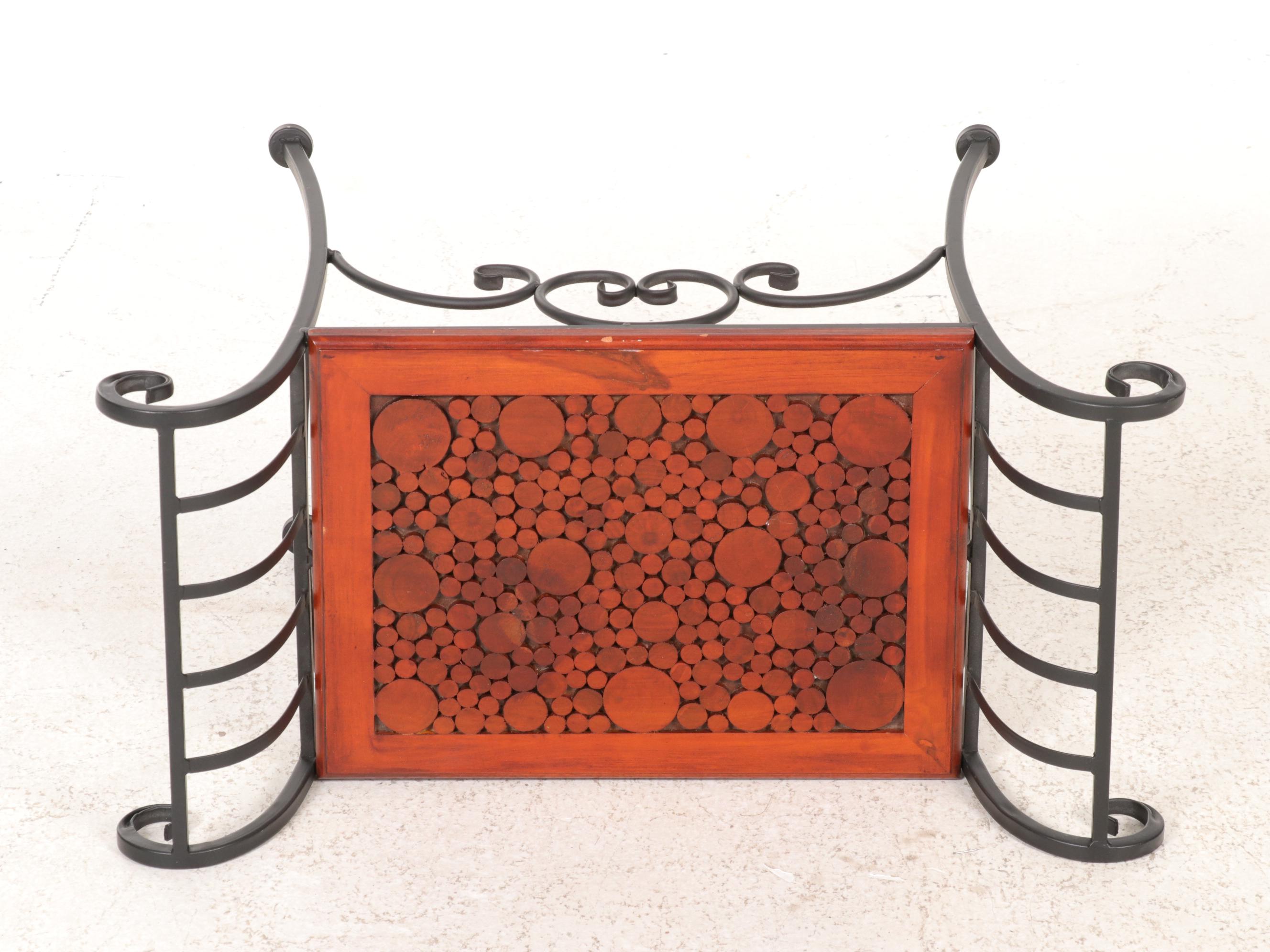 Metal Scroll Accent Table with Wood Disk Top