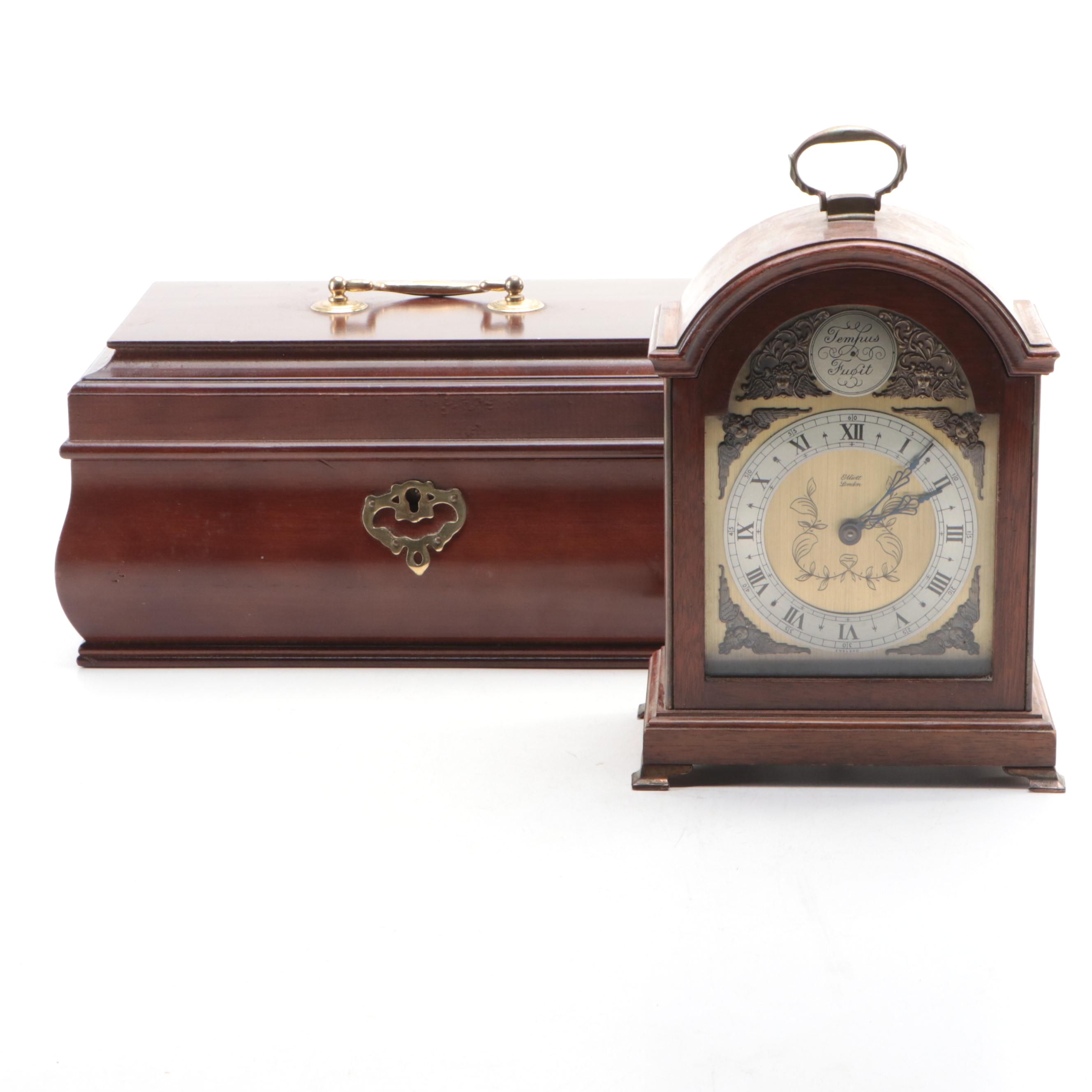 Bombay Company Wooden Jewelry Box with Elliott English Clock, Late 20th Century
