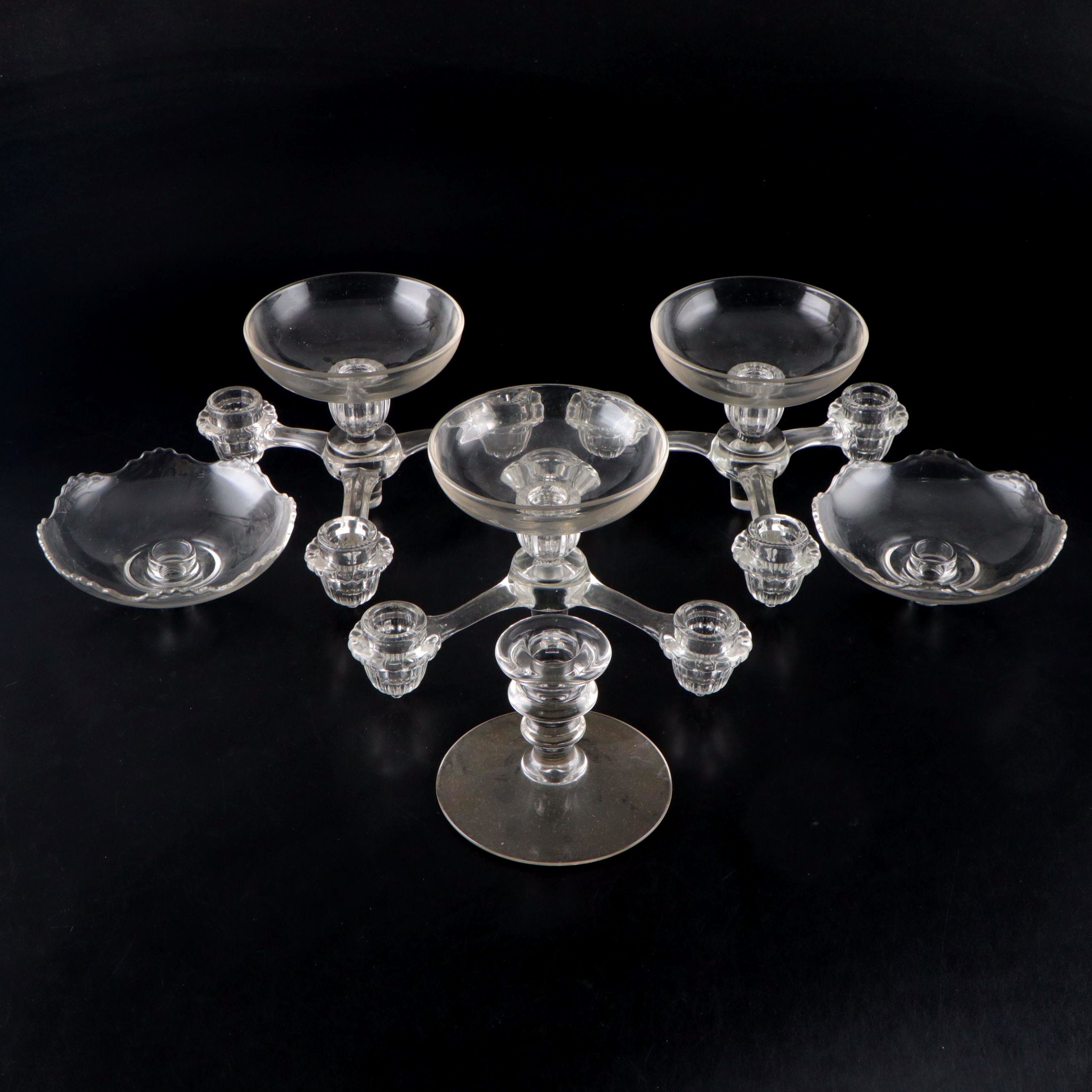 Cambridge Style Glass Epergne Candelabra Pieces and Other Glass Bobeches