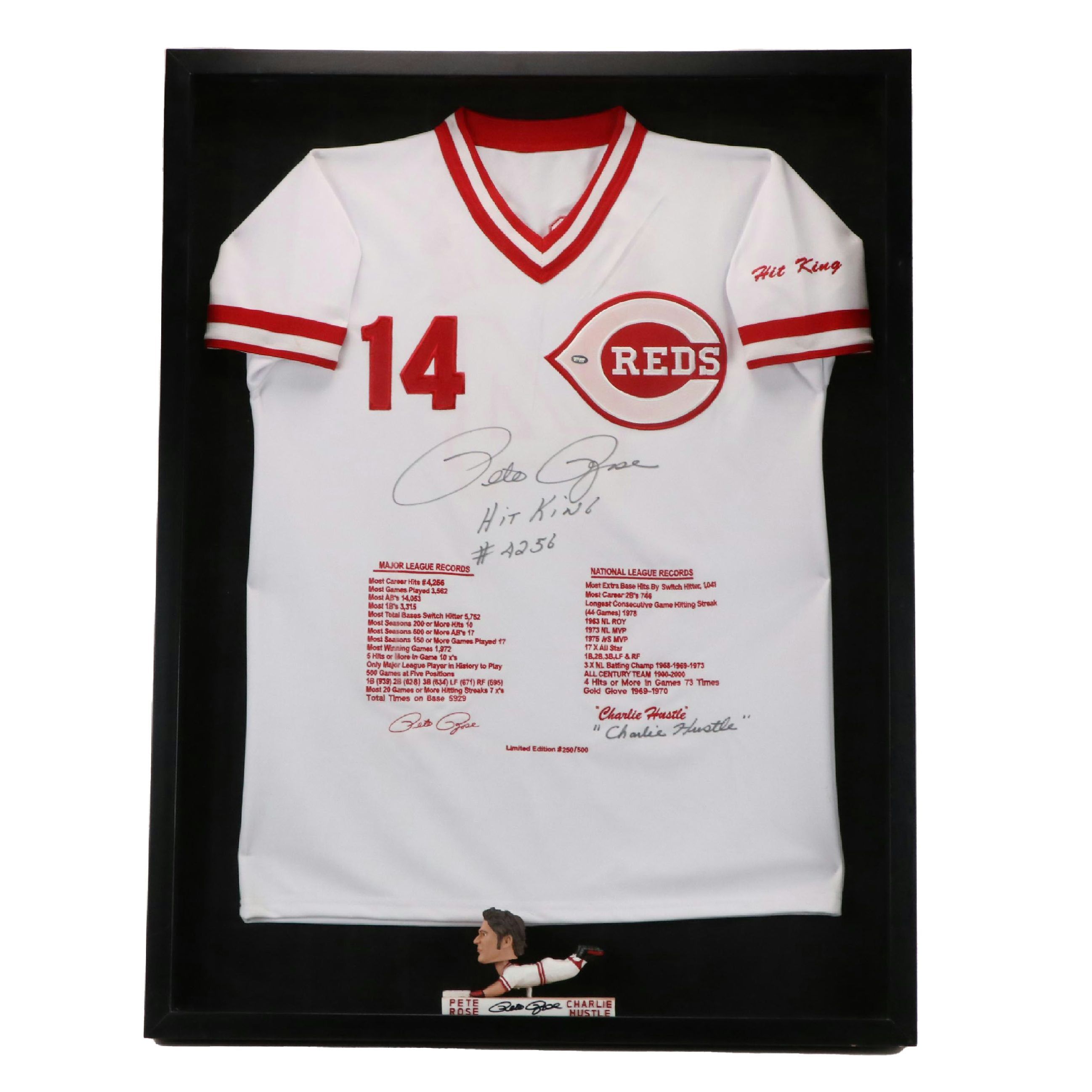 Pete Rose Signed "Charlie Hustle" Cincinnati Reds Framed Baseball Jersey