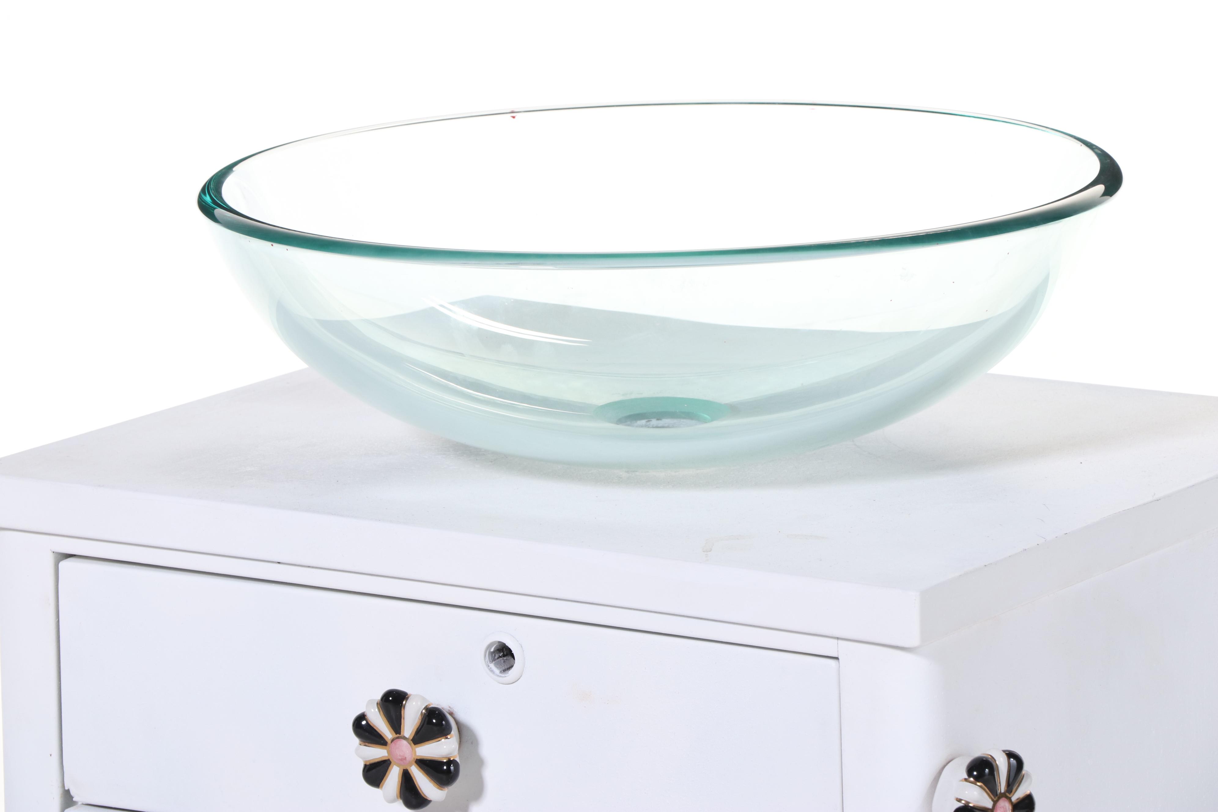 Bathroom Vanity with Glass Vessel Sink and MacKenzie-Childs Knobs and Towel